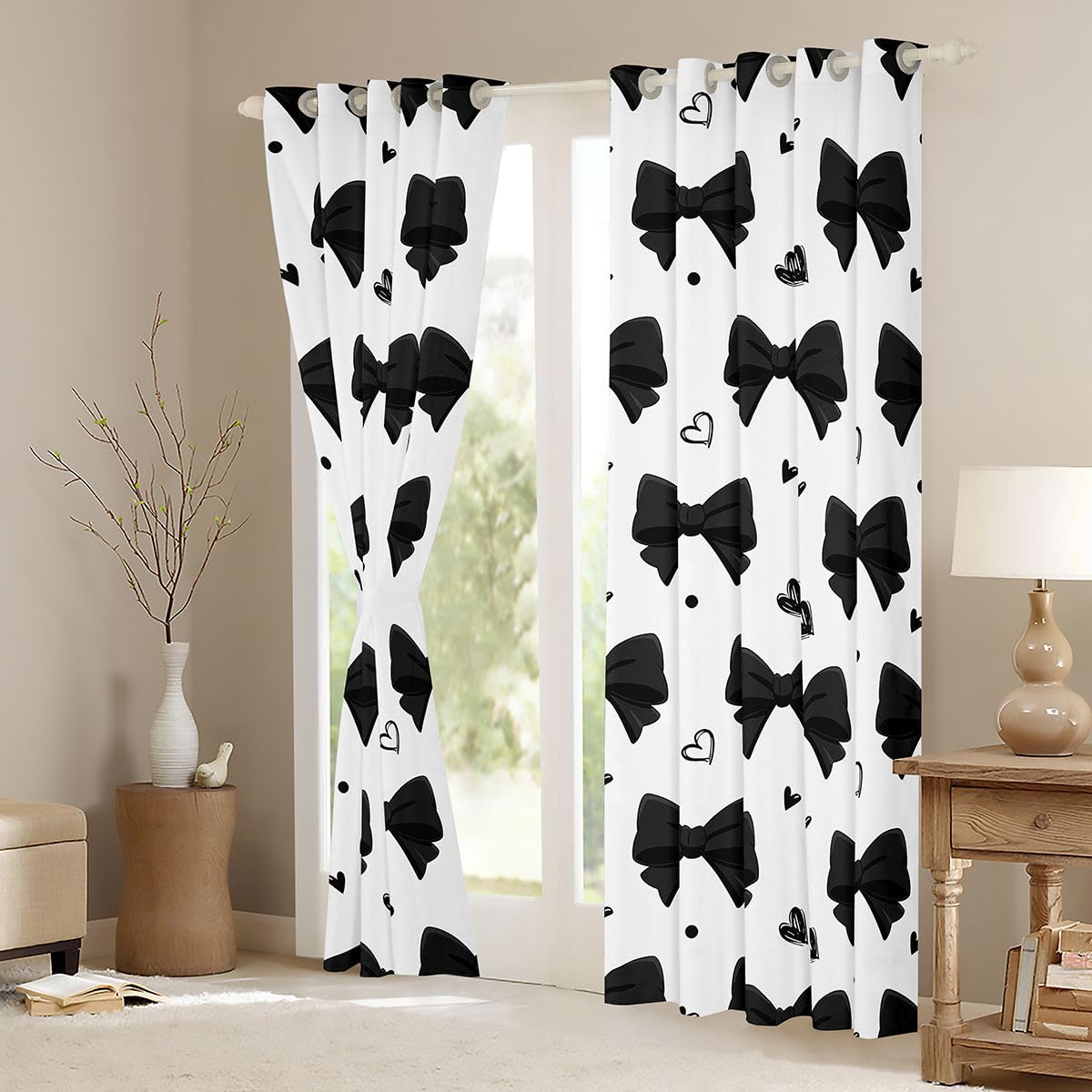 Homewish Kokardka czarna wstążka dziewczęce zasłony okienne księżniczki, 168 x 229 cm, 2 zestawy paneli - marzycielskie kawaii kokarda zasłony zaciemniające miłość serca zasłony okienne zasłony