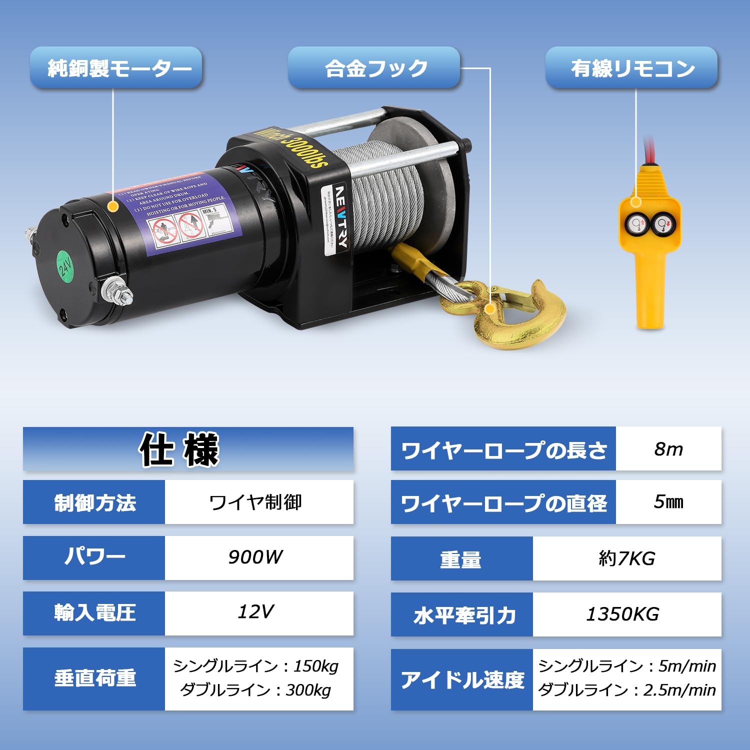 Amazon.co.jp: NEWTRY 電動ウインチ12V ウインチ 電動ホイスト 