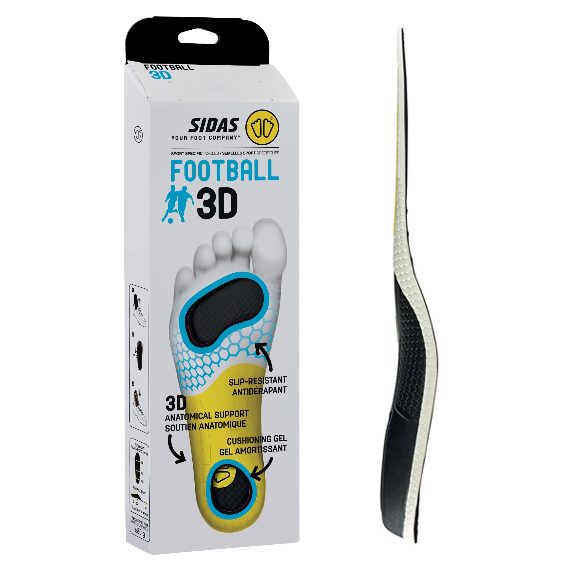 Sidas Semelles 3D Football, Adaptées aux Crampons, Grip Anti-Dérapant, Coque TPU et Pad en Gel pour Un Amorti et Soutien du Pied