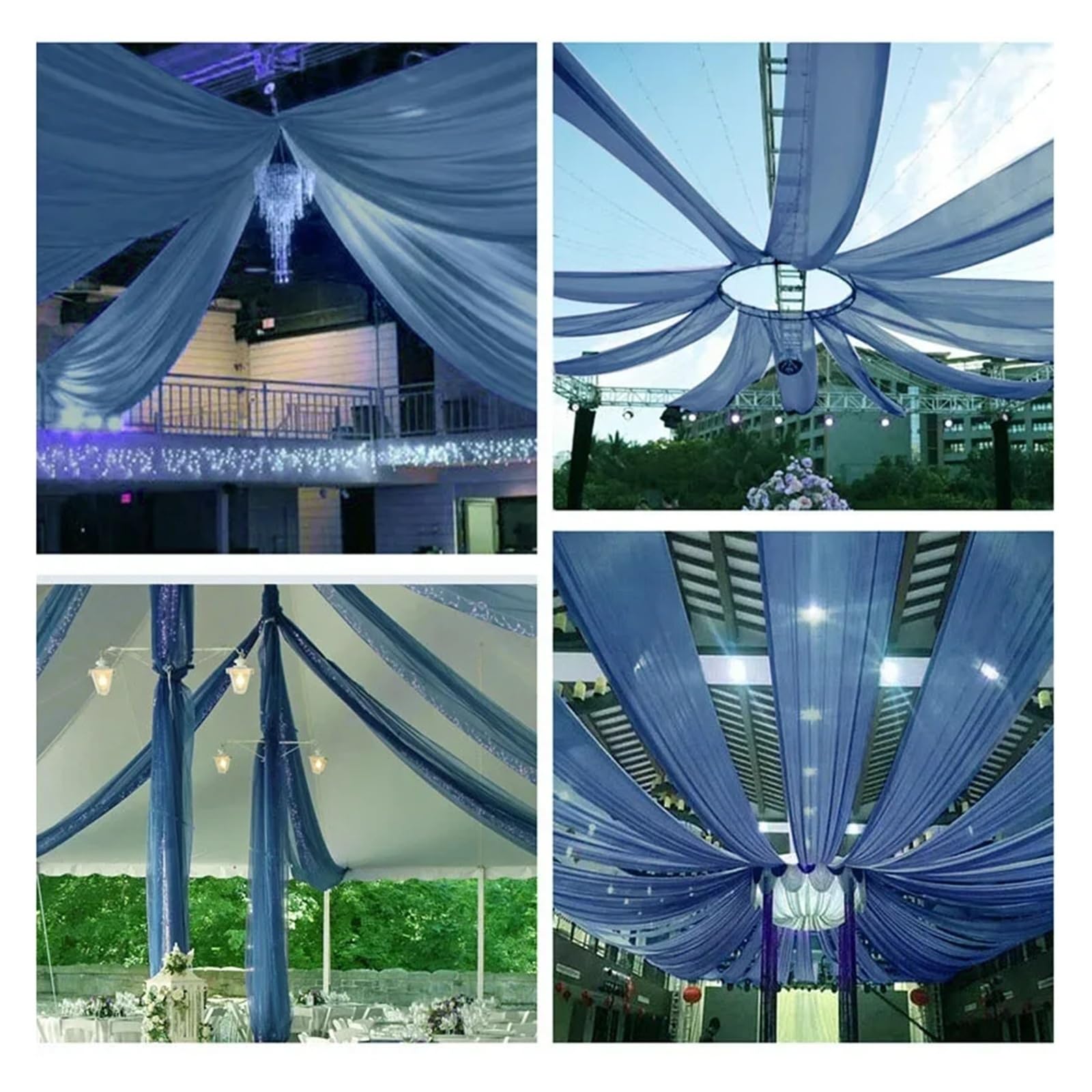 Rideau de plafond pour cérémonie mariage drapé mousseline bleu gris décor hôtel 150x600