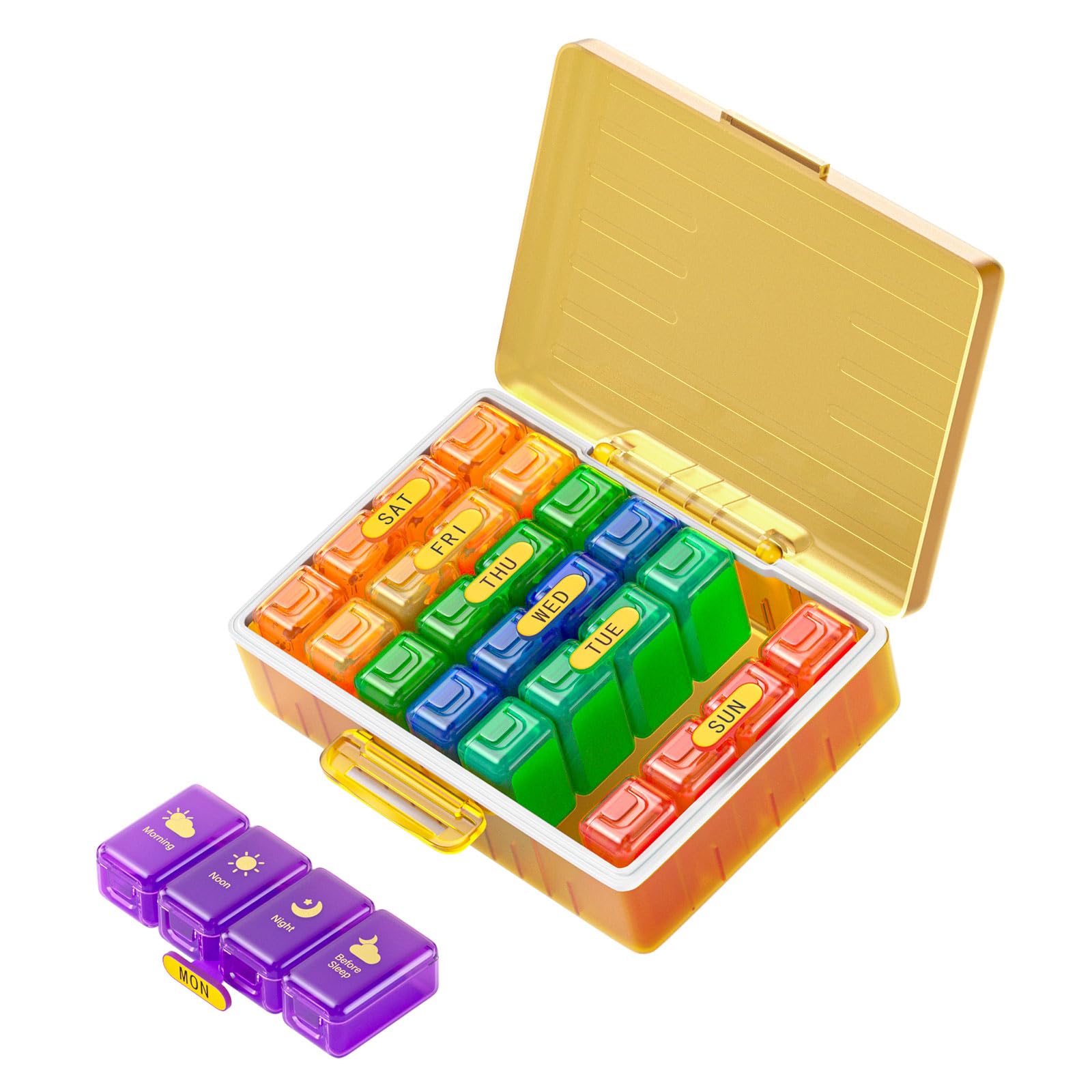 Tygodniowy organizer na tabletki 4 razy dziennie, duże przegródki, pudełko na tabletki 4 x 7 dni, organizer na leki, na tabletki, witaminy, oleje rybne, leki, suplementy (żółty + tęczowy)