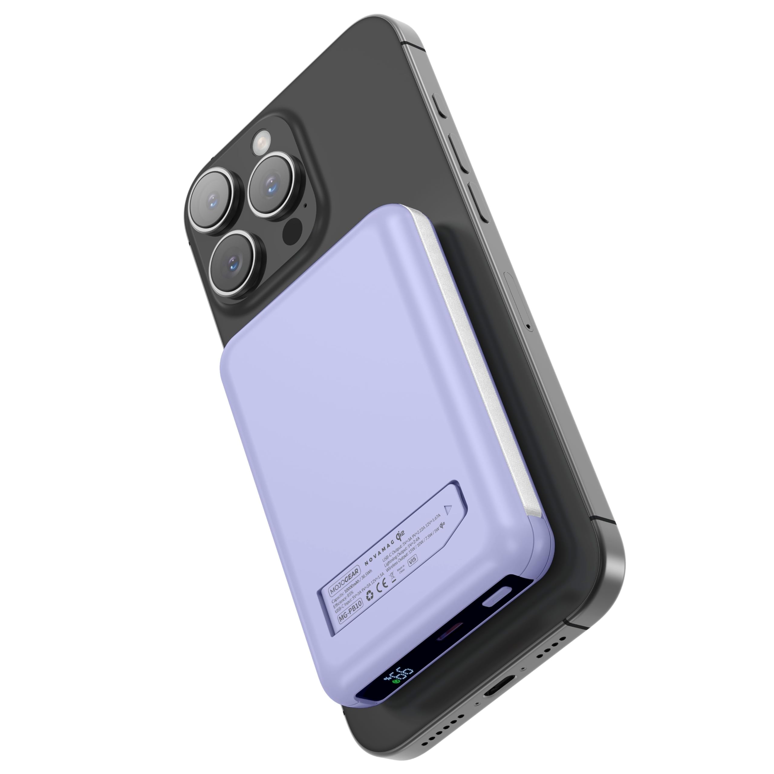 MOJOGEAR NovaMag All-in-1 Power Bank 10.000mAh - Wireless Qi2 Super Fast Charge - Cavo USB-C e Lightning integrato - Compatibile con iPhone e Samsung - Mag Safe Powerbank - Luce LED - Viola