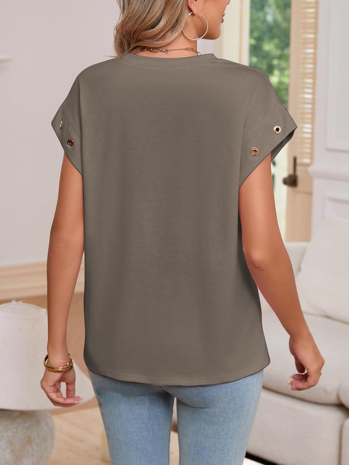 Famulily Womens Crewneck Cap Sleeve with Grommet Detail Tunic Tops Casual Loose Fitting Solid Basic Tee Shirt - Image 4