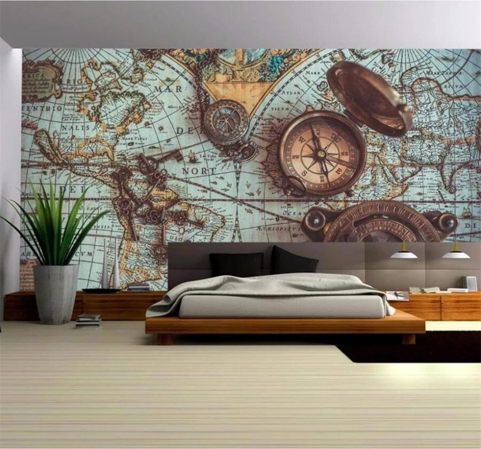 XLMING Retro Nostalgic World Map Compass Art 3D Wallpaper Premium Textured Silk Study Dining Living Room Bedroom Sofa TV Wall Easy Install-200cm×140cm