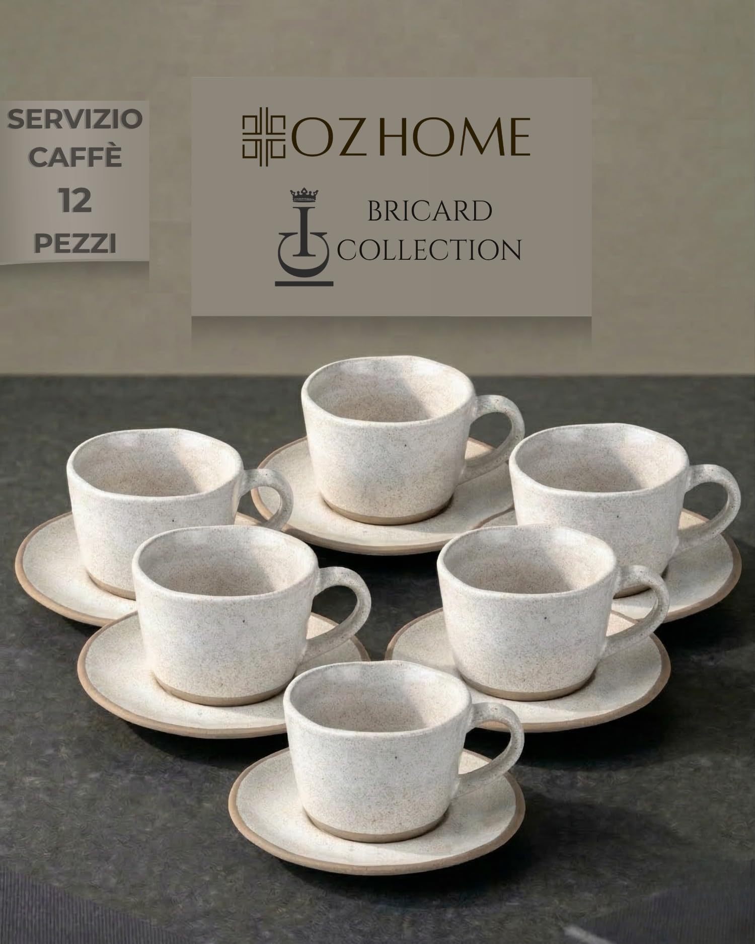 Set Tazzine da Caffè 12 Pezzi con Piattini, Servizio Espresso per 6 Persone | BRICARD Albi | 100 ml Ceramica Grigio Chiaro, Tazzine Moka e Caffè Turco, Lavastoviglie e Microonde, Idea Regalo