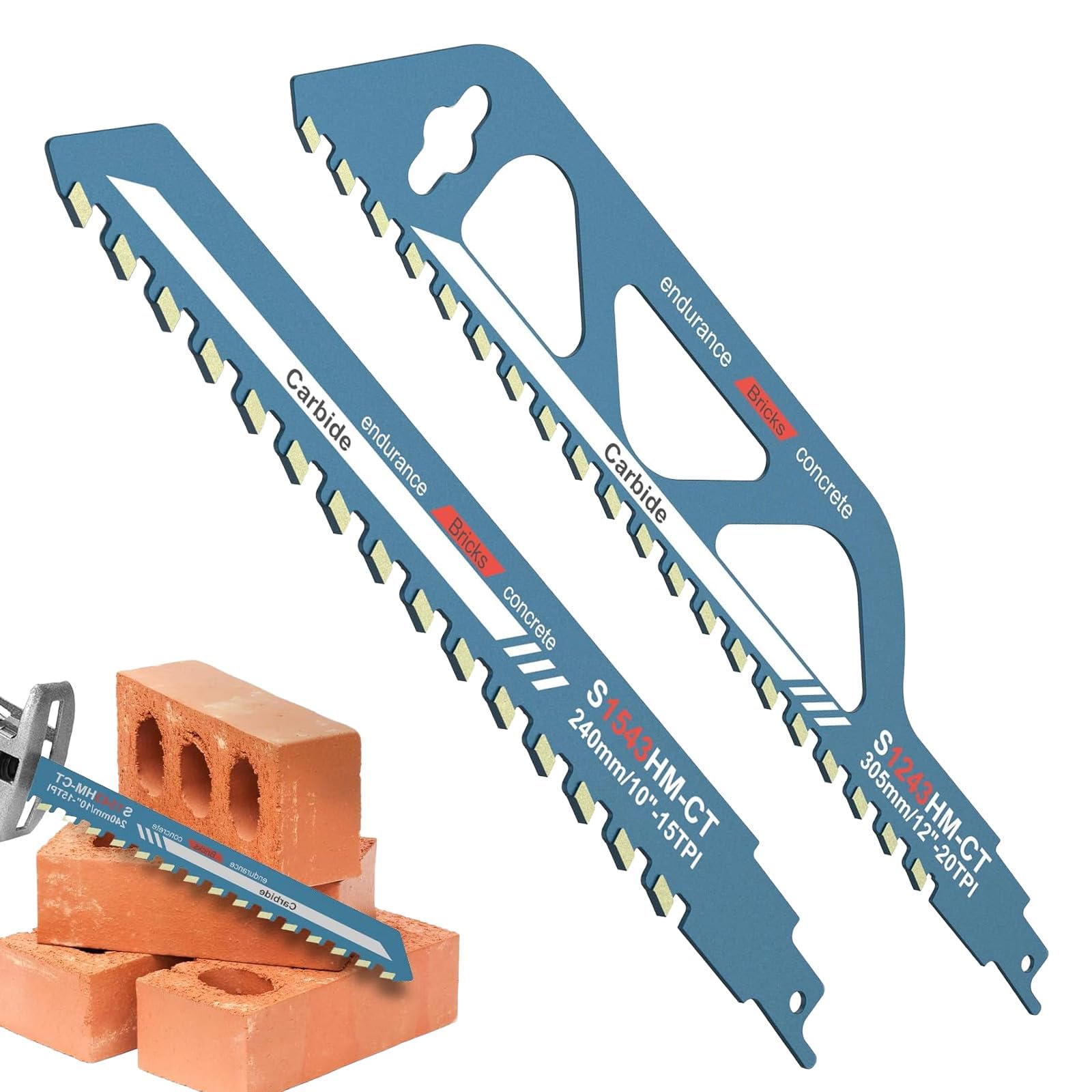 2PCS Reciprocating Saw Blades, 10 & 12 Inch Carbide Tipped Masonry Saw Blades for Concrete, Brick, Cement, Aerated Concrete Cutting, Universal Shank Fit Recip Saws, Sabre Saws, Demolition Saws