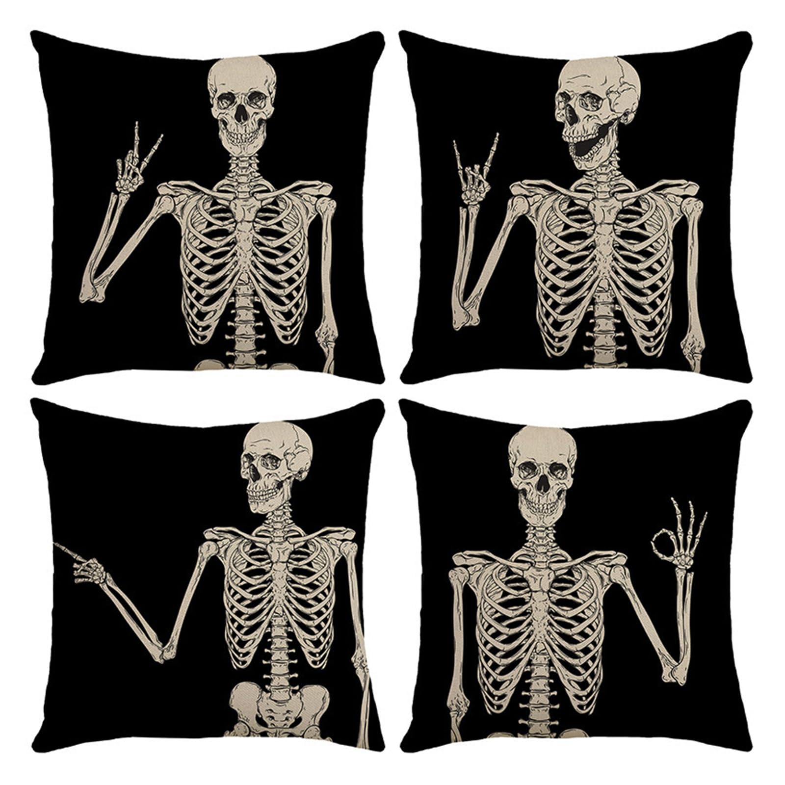 Xinsheinelry 4PCS Pillow Cases Skeleton Posing Polyester Fiber Pillow Cases, 18x18Inch Decorative for Home Decoration Polyester Fiber Pillowcase