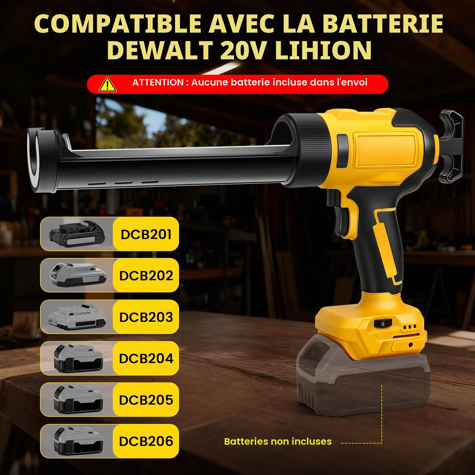 Pistolet à mastic sans fil pour Dewalt 20V (sans batterie) | Pistolet à calfeutrer électrique, 6 vitesses réglables, affichage numérique, éclairage LED, pour cartouche 10oz/300ml