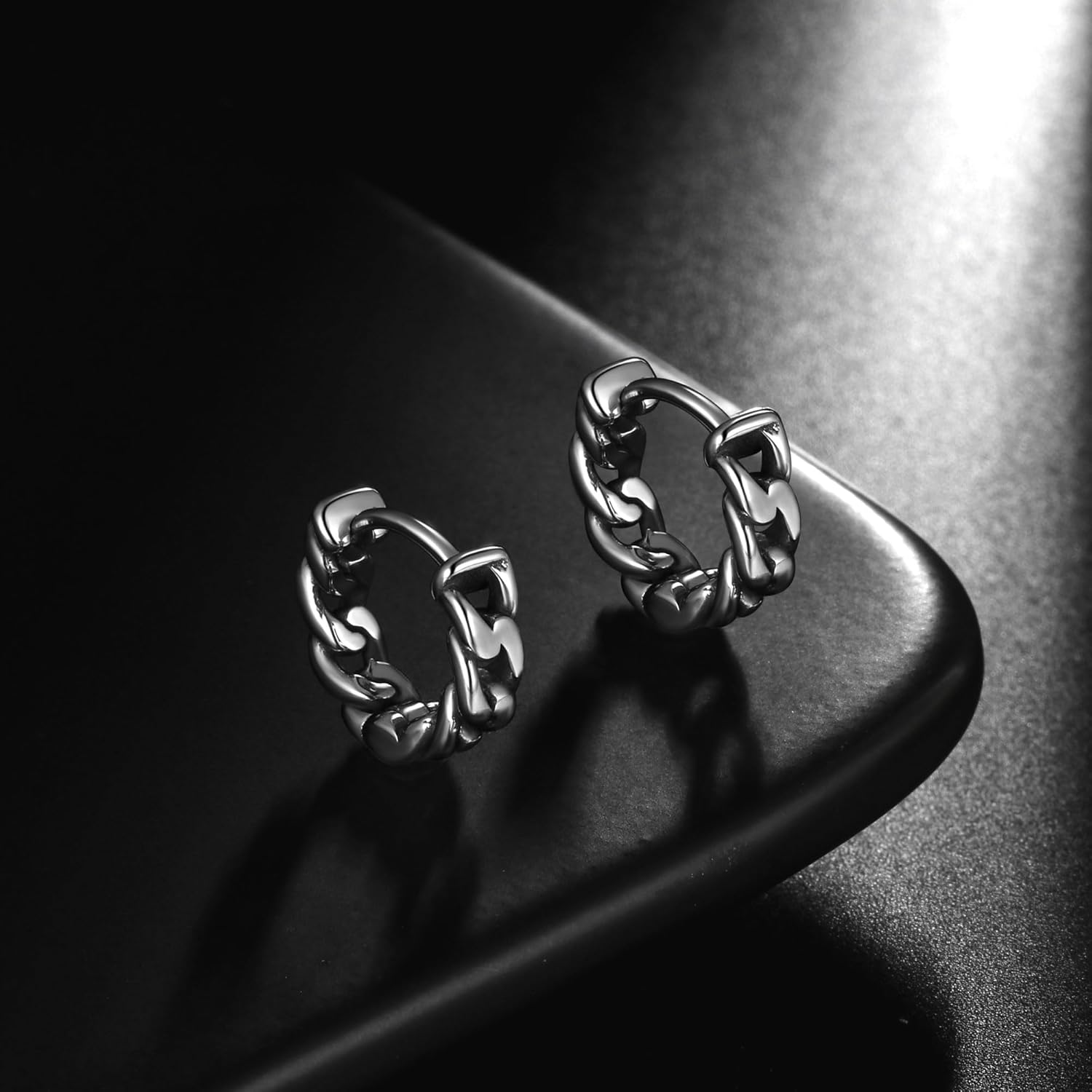 Punk Huggie Hoop Earrings, Stainless Steel Cuban Chain Link, Chunky Small Hoops for Women Men - Image 3