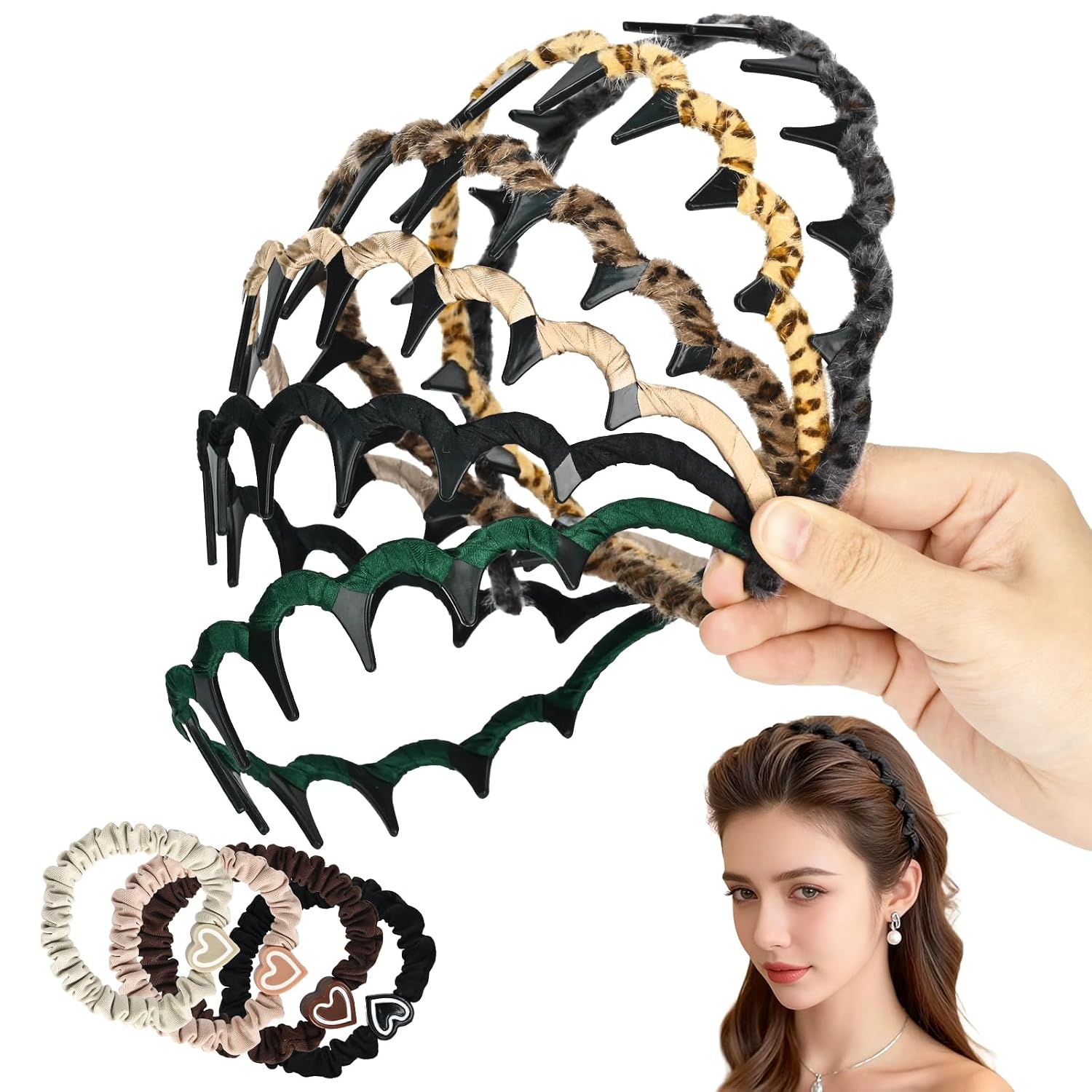 10pcs Headband+Hair Tie,Zig Zag Headbands,Retro High Skull headbands,New U Shape Fashion Tooth Hair Comb headband,Parties, and Daily Wear - Comfortable Women's hair Accessories (Set A)
