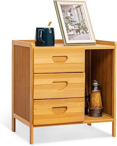 MoNiBloom Mesita de noche con 3 cajones y 1 estante abierto, mesita de noche de bambú para sofá, soporte lateral para dormitorio, sala de estar,