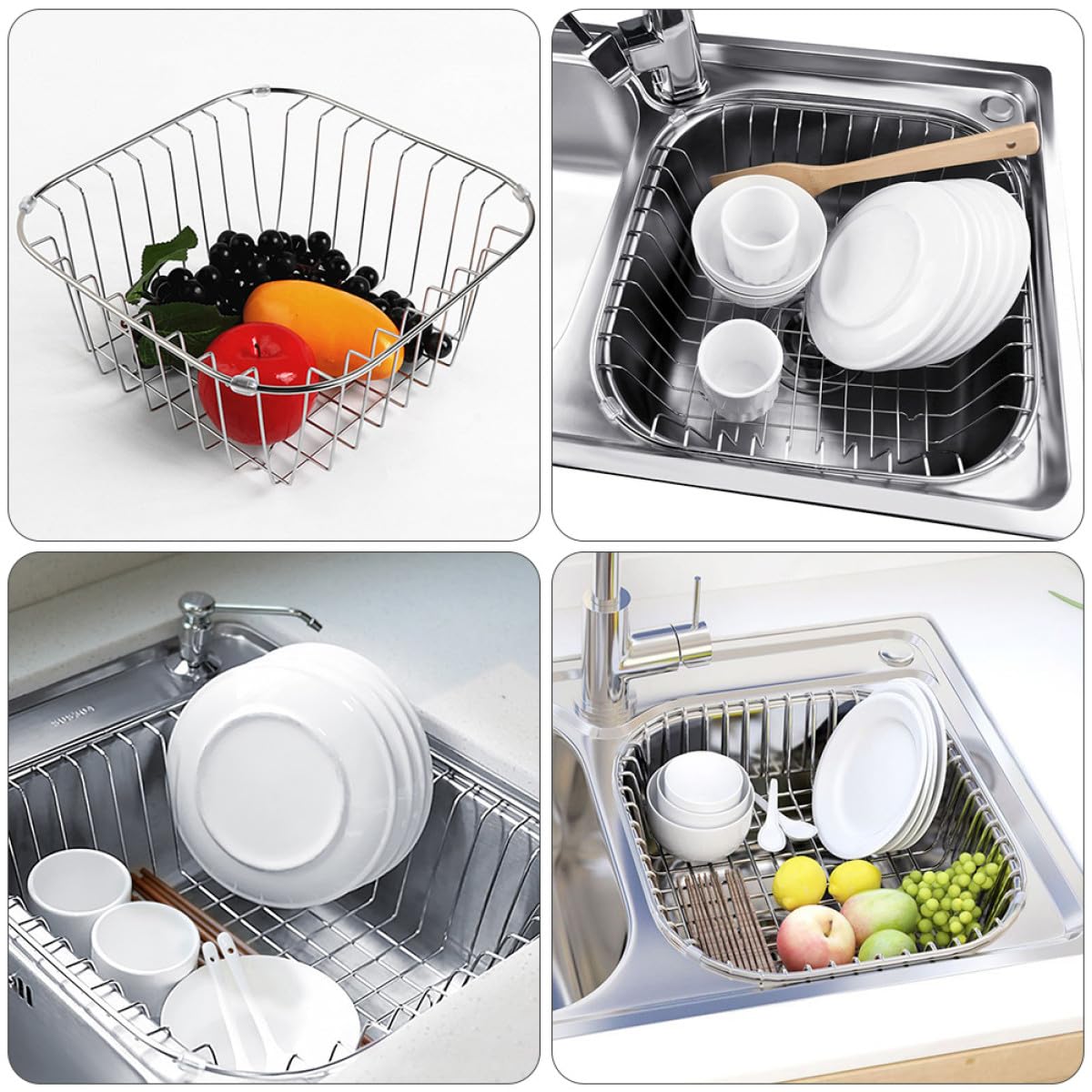 Escurridor de platos compacto de acero inoxidable – 24 x 24 cm para fregadero de cocina y soporte para utensilios – Cesta de drenaje duradera para un almacenamiento eficiente en la encimera