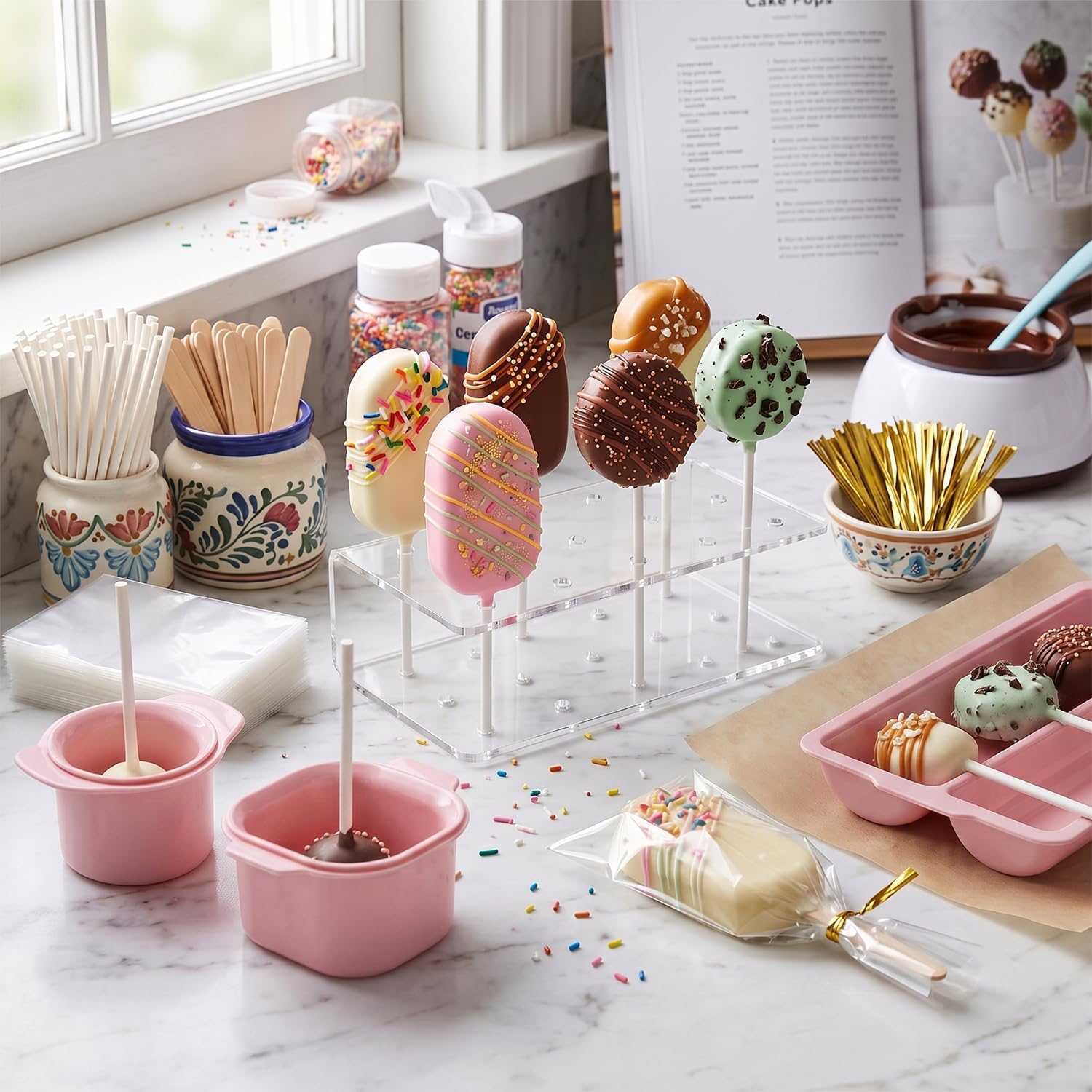 Cakesicle Cutter and Cake Pop Mold Set, Complete Baking Kit with Acrylic Stands Trays Pusher Sticks Cellophane Bags & Ties, Dishwasher Safe for Home Baking Birthday Parties Wedding Desserts (Pink)