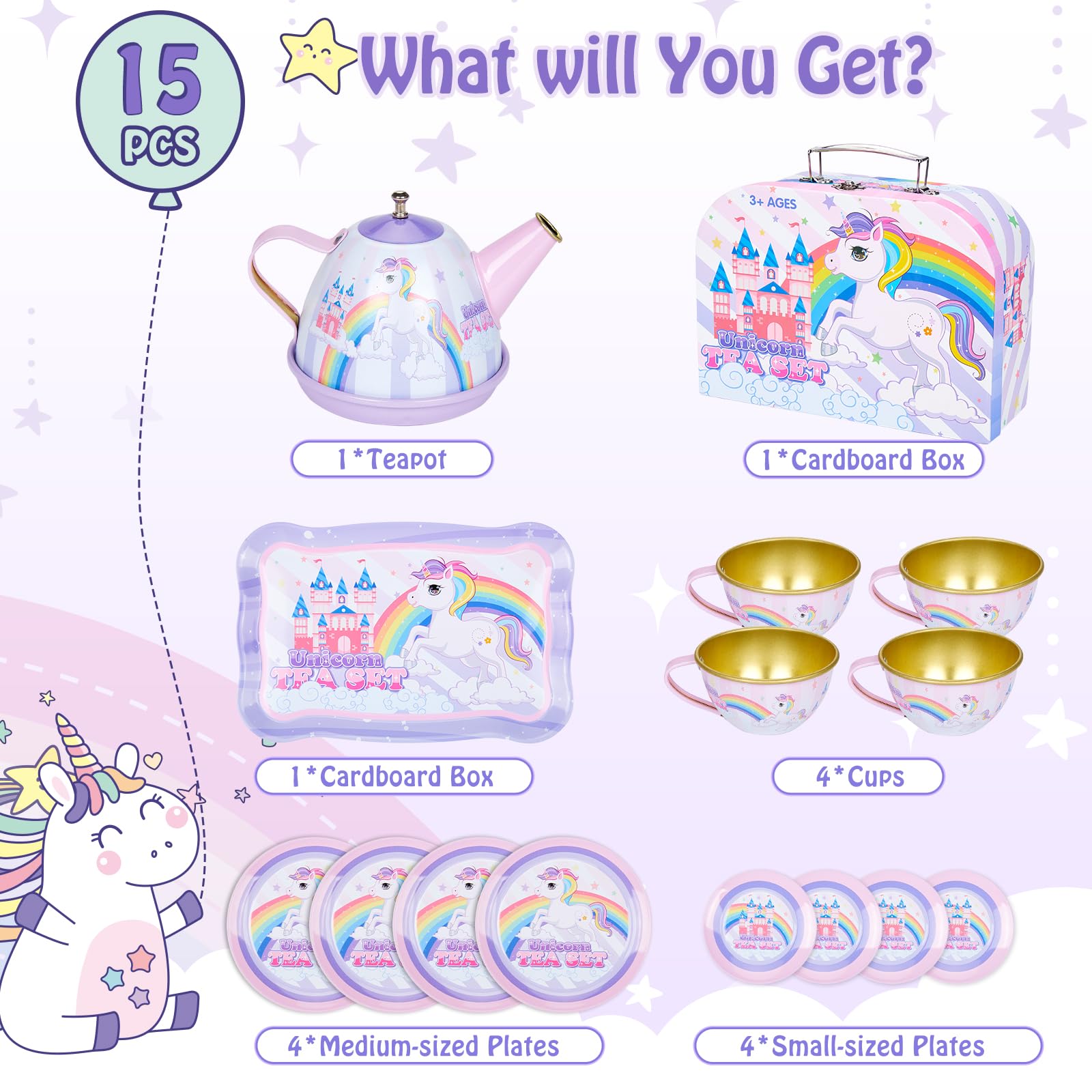 Set da tè per bambini, 33 PCS Set Cucina Bambini da Festa del tè con Vassoio per Cibo e Dessert Teiera Accessori da Cucina per Bambini Ragazze Gioco di Finzione,Unicorno