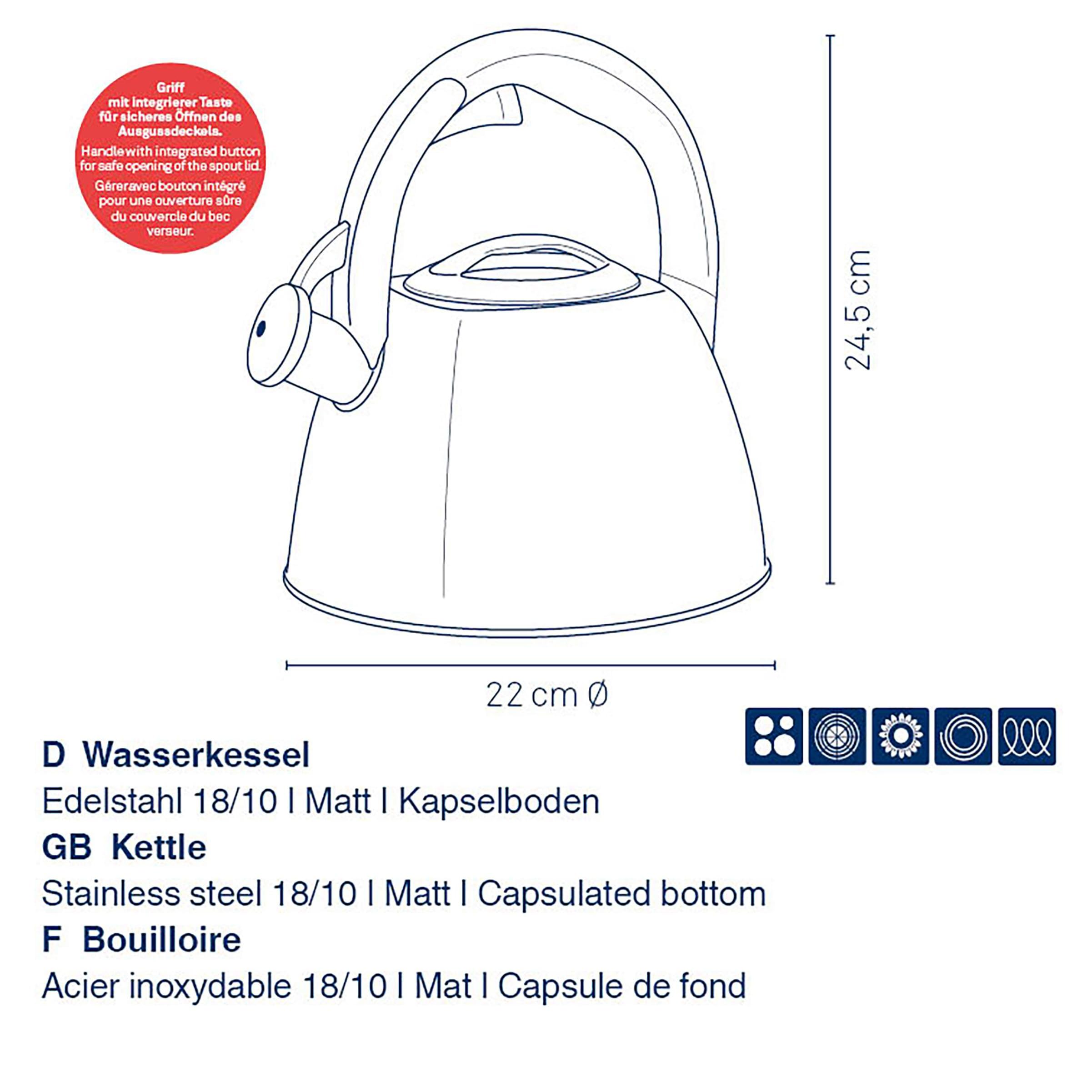 kela Wasserkessel Induktion 2,4L, Flötenkessel Edelstahl, für alle Herdarten, sicheres Öffnen durch Taste, VITUS, Teekessel matt