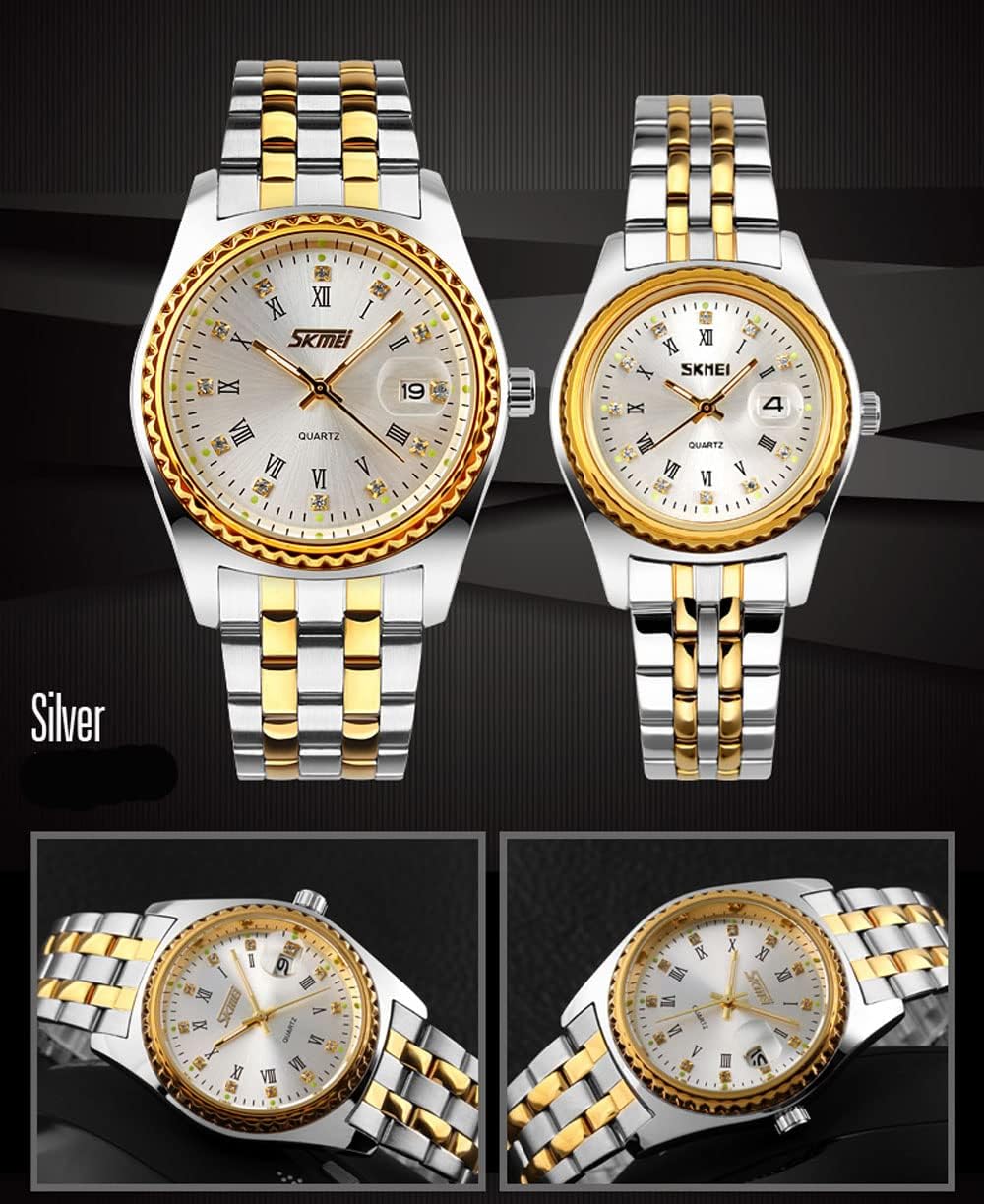 SKMEI Watches for Couples Men and Women His and Hers Pair Watch Set Husband Wife Valentines Matching Wedding Gifts Classic Stainless Luxry Business Waterproof Quartz Analog Wrist Watch - Image 7