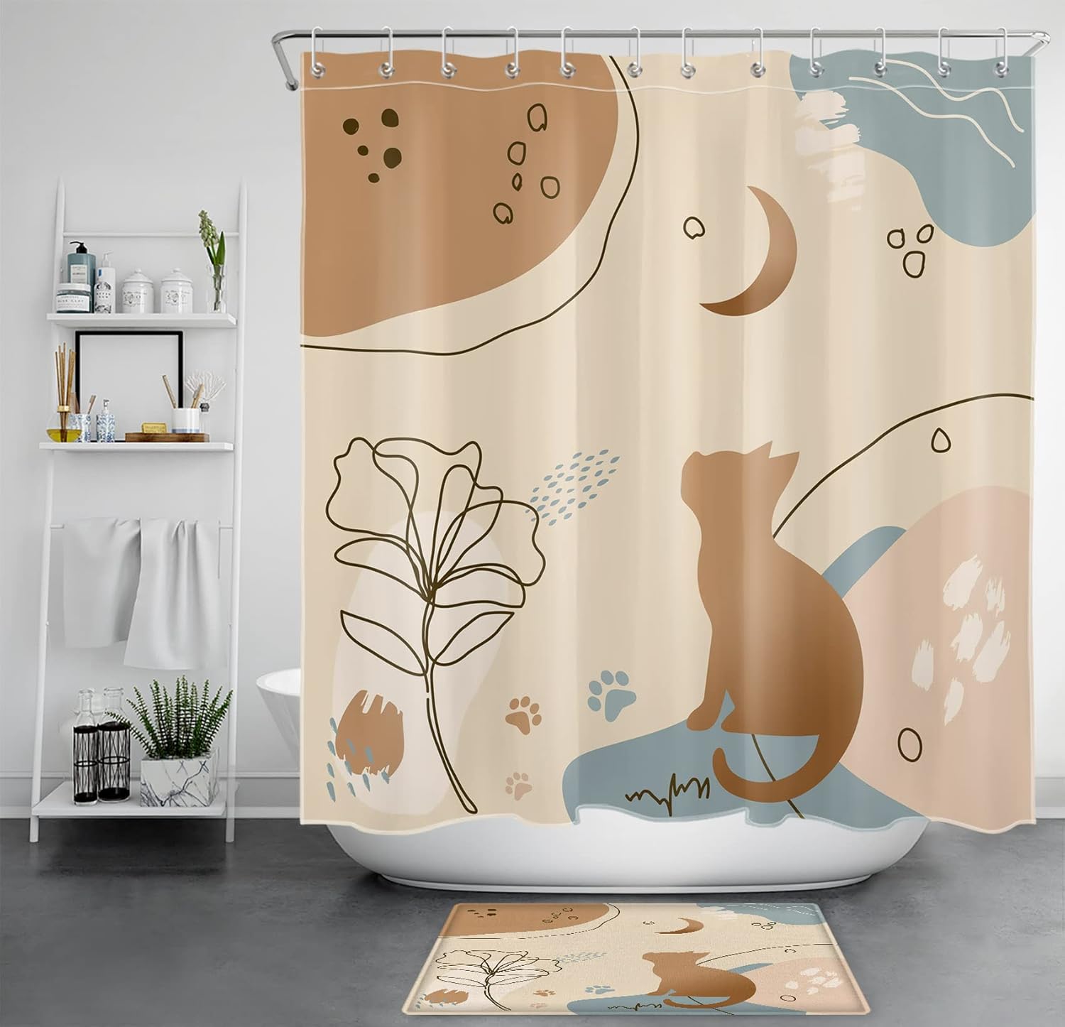 LB Modern Mid Century Shower Curtain Abstract Striped Brown Cat Shower Curtain Set Minimalist Geometric Beige Shower Curtains for Bathroom with Bath Mat and Hooks,Waterproof Fabric,72x72 inch