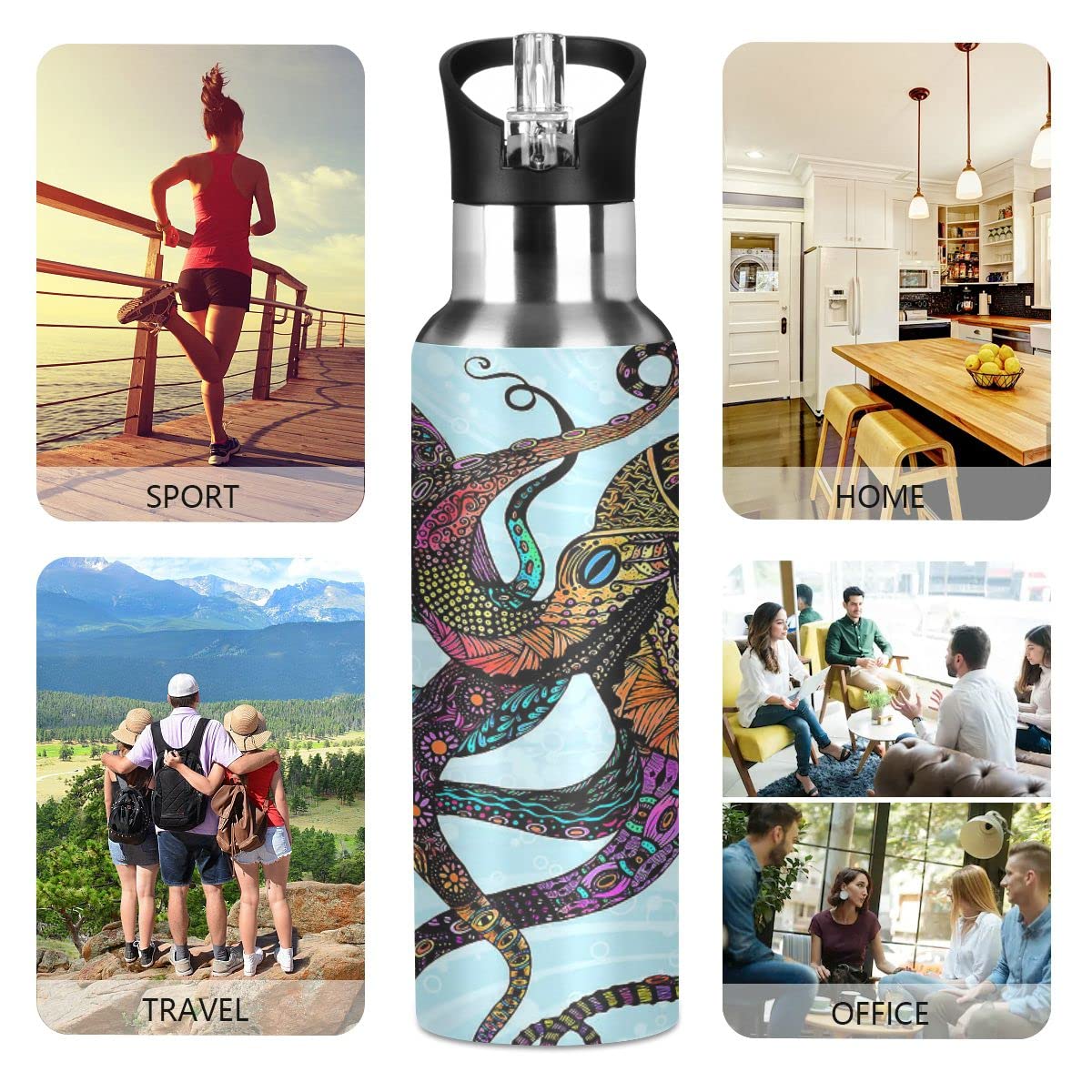 Edelstahl Wasserflasche mit Strohhalm, Octopus isolierte Trinkflasche Sport Wasserflasche für Kinder Erwachsene, auslaufsicher, 1L