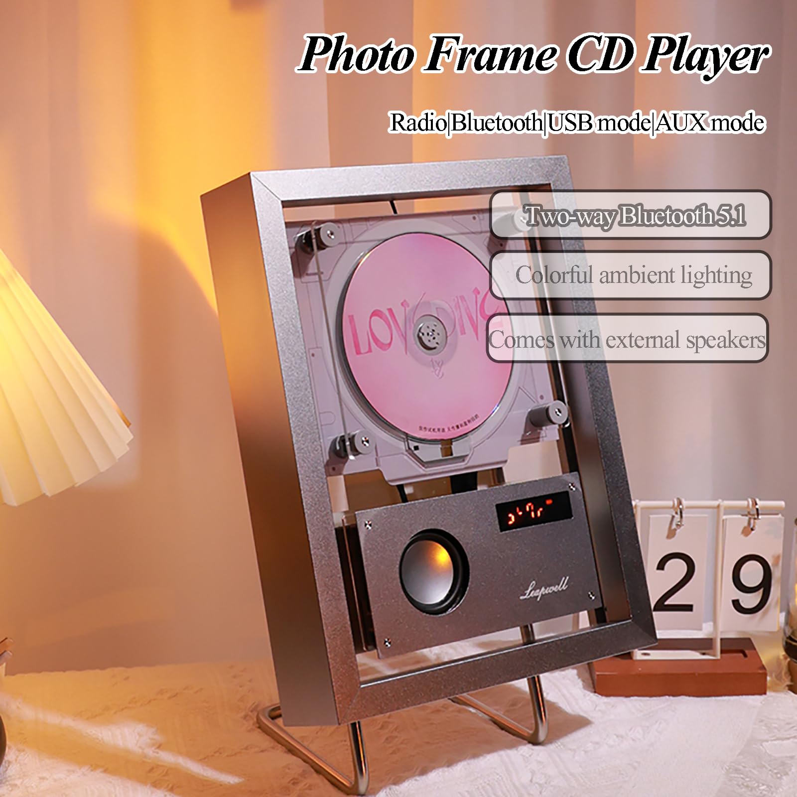 Lettore CD Bluetooth con telecomando, altoparlante incorporato, modalità CD/USB/FM/AUX, cornice per musica retrò per la decorazione della casa
