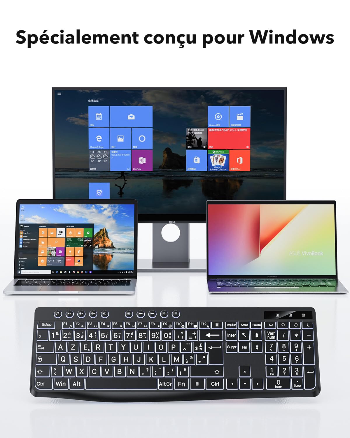 OMOTON Clavier Rétro-éclairé AZERTY, Clavier Filaire avec Grande Touches et pavé Numérique, Keyboard Facile à Lire Compatible PC Windows pour Les Malvoyants, Seniors, Enfants, Bureau et Usage