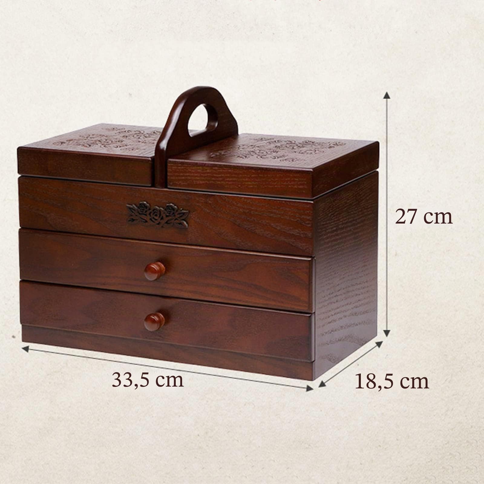 Caja de costura grande de madera con 2 cajones para el hogar y bordado, organizador y compartimento para herramientas para un fácil transporte, caja vacía