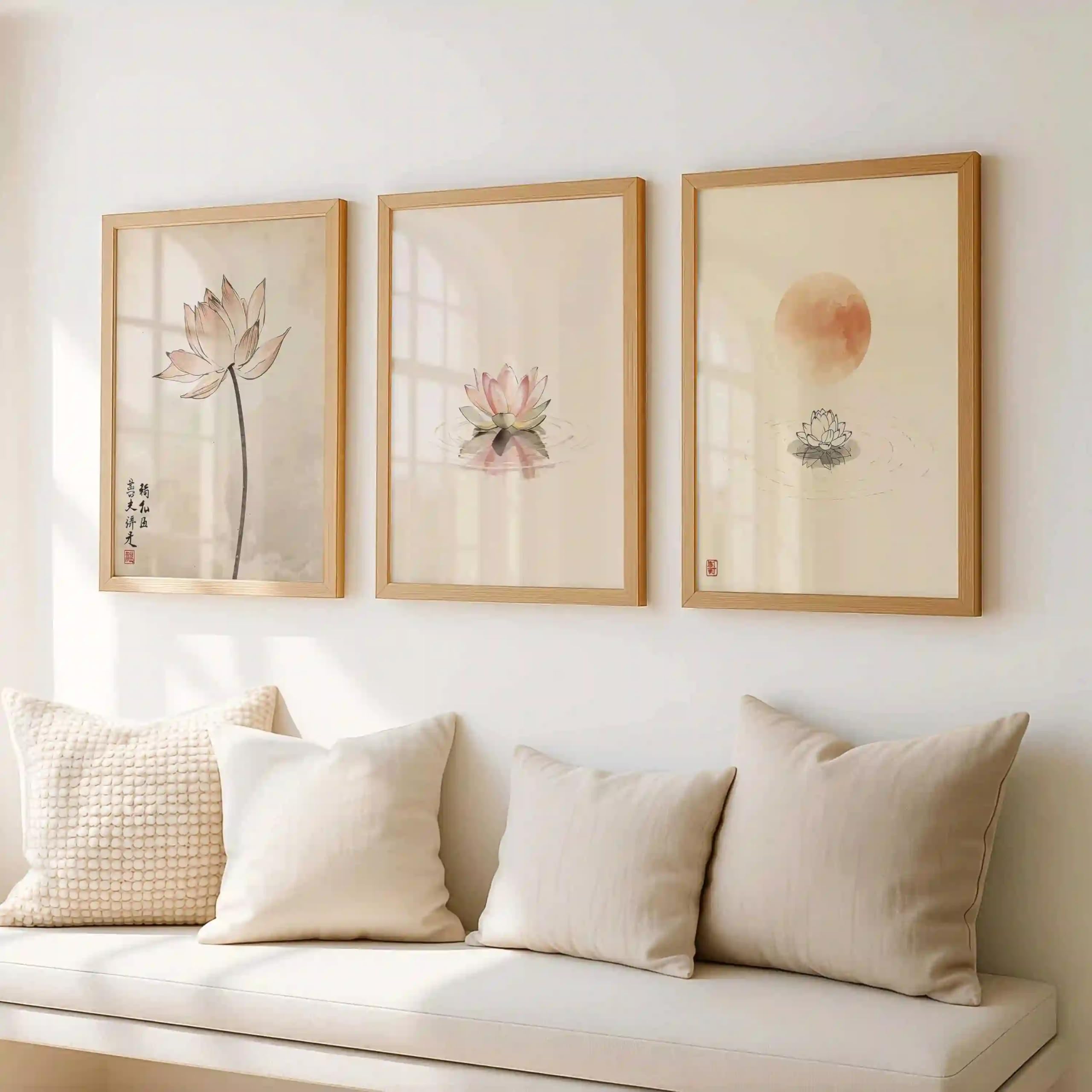 Dittelle Frameless Ink Wash Lotus Canvas Wall Art – Oriental Watercolor Printing For Serene Home Decor, Festival & Housewarming(50X70cm/3Pcs )