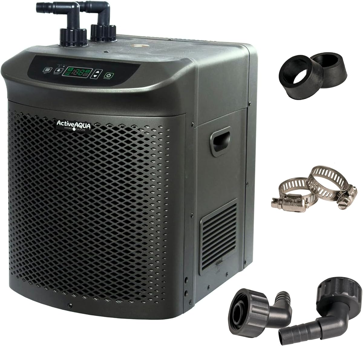 Enfriador de agua Active Aqua de 0,5 HP con Boost | Enfriador de baño de hielo y inmersión fría | Control rápido de temperatura digital | Agua dulce y salada, hidroponía, acuarios | 90–172 galones (0,5 caballos de fuerza) | Capacidad de 172 gal, 4020 BTU por hora, evaporador de titanio, 120 V 510 W, control de temperatura digital, 19 x 19 x 14 pulgadas