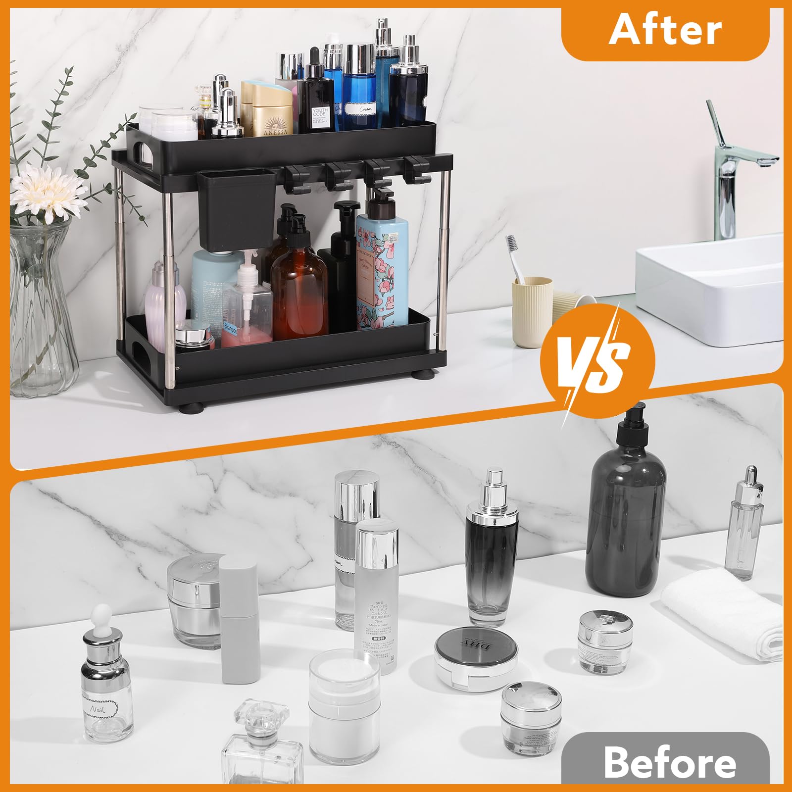 Confezione Da 2 Organizer Scorrevoli Per Sotto Lavello - 2 Ripiani In ABS Nero Con Ganci E Ciotole - 40x35x20 Cm - 4
