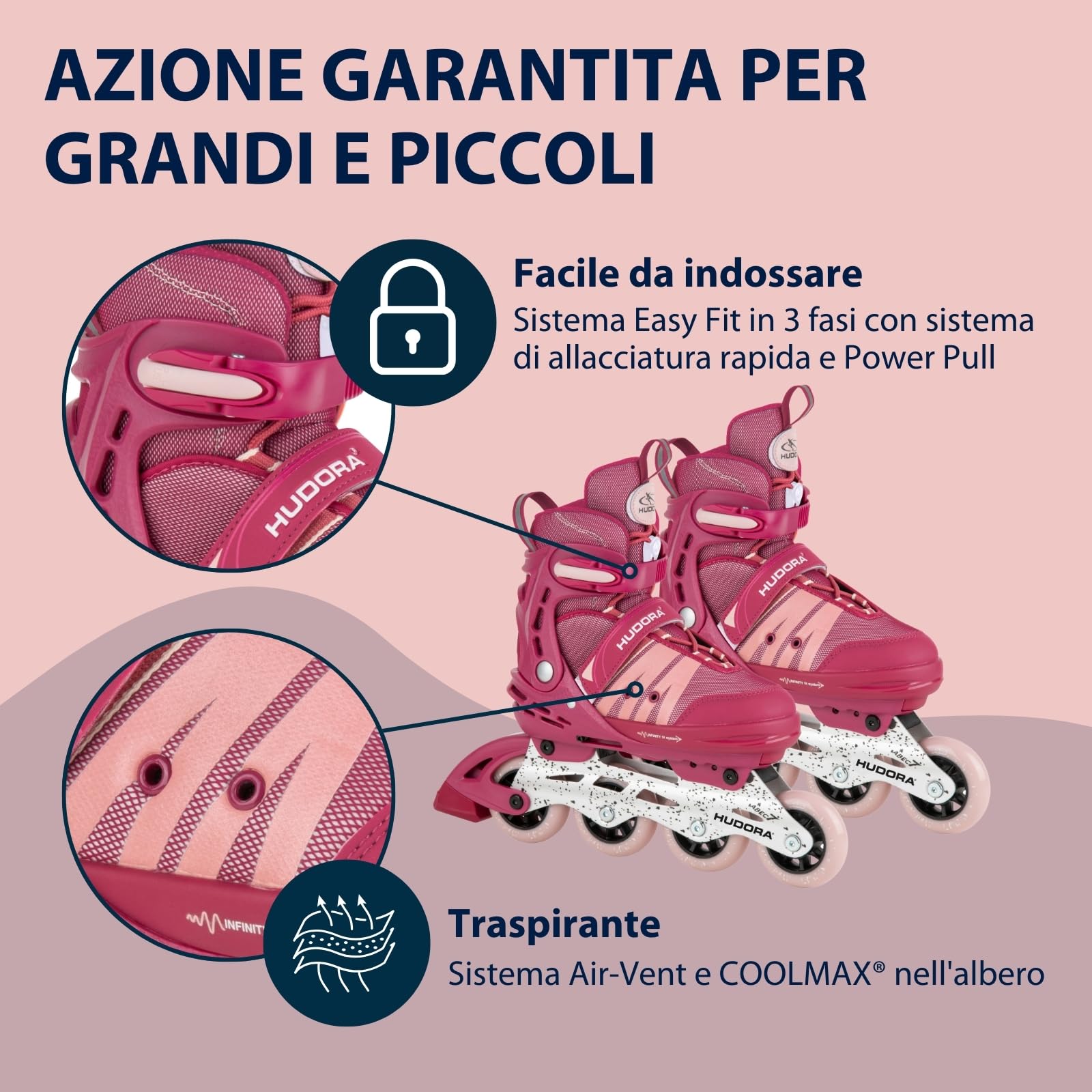 HUDORA Pattini in linea Comfort - Pattini a rotelle regolabili bambini ragazzi 6 misure larghezza lunghezza traspiranti
