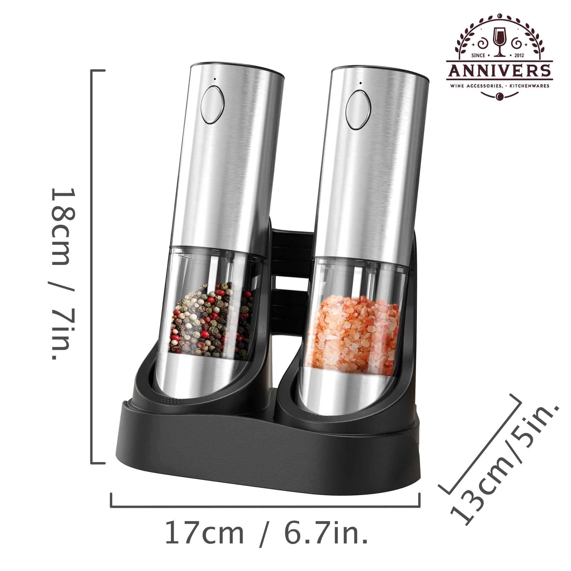 Juego de molinillo eléctrico de pimienta y sal, molinillo de condimento automático, grosor recargable tipo C ajustable, con luz LED, silo ampliado de 95 ml y base de almacenamiento lavable,
