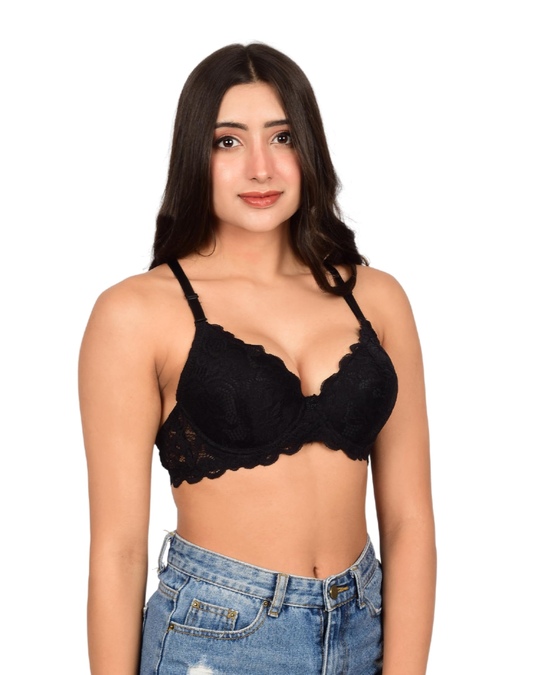 Women's Padded Wired Pushup Bra with 3/4th Coverage & Adjustable Strap I Everyday Solid Pattern Underwired Padded Bra for Women - Black (Size - 32D)