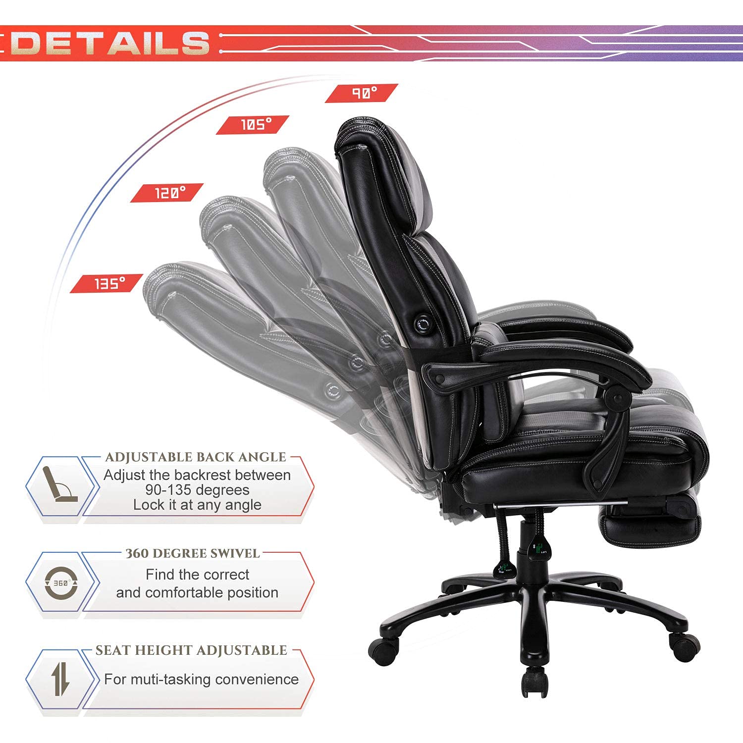 HOMEFUN Ergonomic Office Chair, High Back Executive Desk Chair with Footrest Adjustable