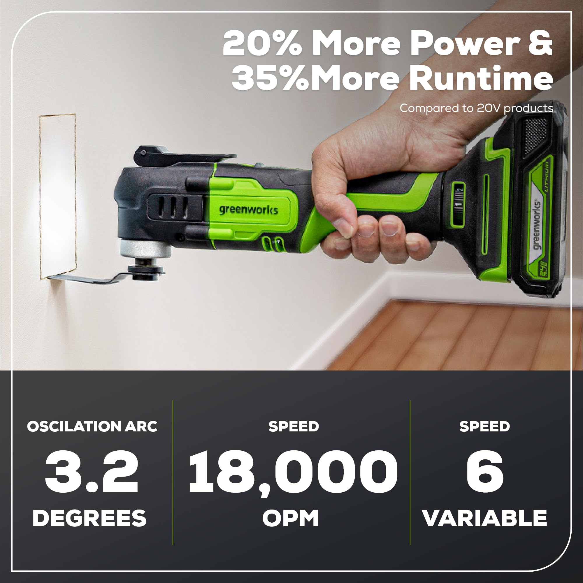 Greenworks Multiherramienta inalámbrica de 24 V, herramienta oscilante para cortar, clavar, raspar y lijar con 6 controles de velocidad variables, batería de 2.0 Ah y cargador de 2 A incluido