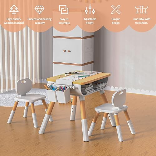 Miniatura 5 de Juego de mesa y silla para niños, juego de mesa y 1 silla para niños, juego de mesa y sillas de estudio para niños, altura ajustable, almacenamiento