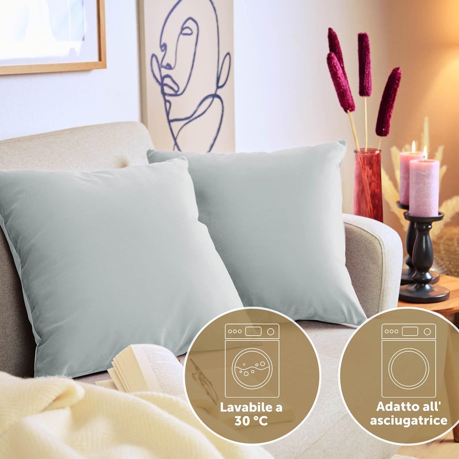 Blumtal Set di 2 Federe Cuscini Divano 50x50 cm in Velluto, con Chiusura Lampo Invisibile, Eleganti Copricuscini Divano in Morbido Velluto,Taglia 50 x 50, Grigio Dove
