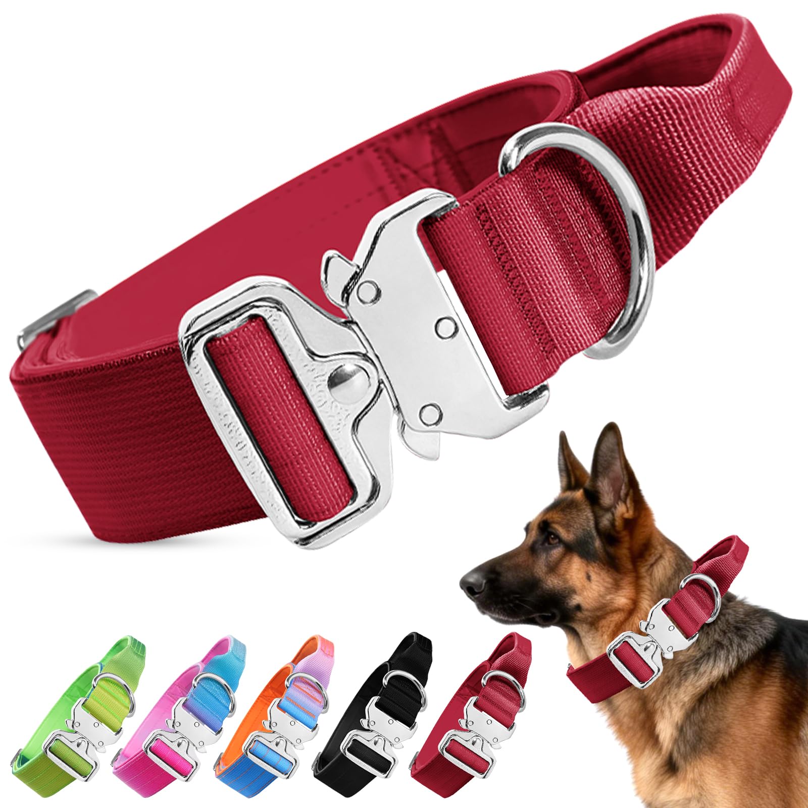 Ledeak Tactical Dog Collar, Military Nylon Adjustable Training Dog Collar, Soft Padded Wide Comfortable Pet Collars with Handle and Heavy Duty Metal Buckle for Medium Large Dog Training (Red, M)