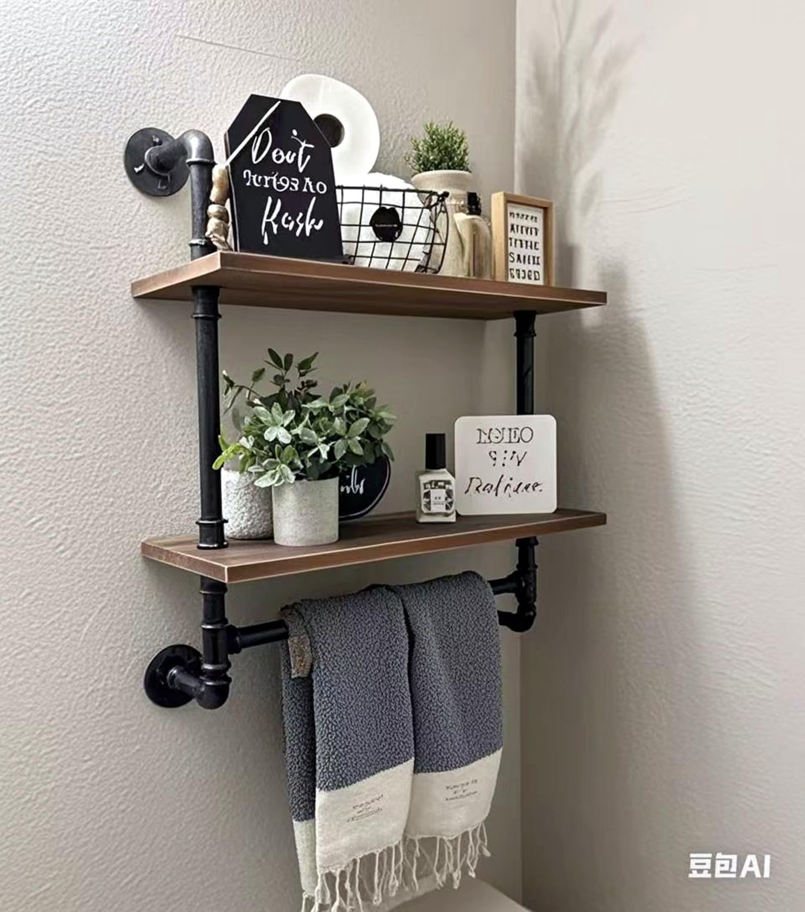 Mensola Industriale In Legno E Ferro Con Porta Asciugamani, 2 Ripiani, 61x73x24 Cm, Stile Retrò Per Bagno E Soggiorno
