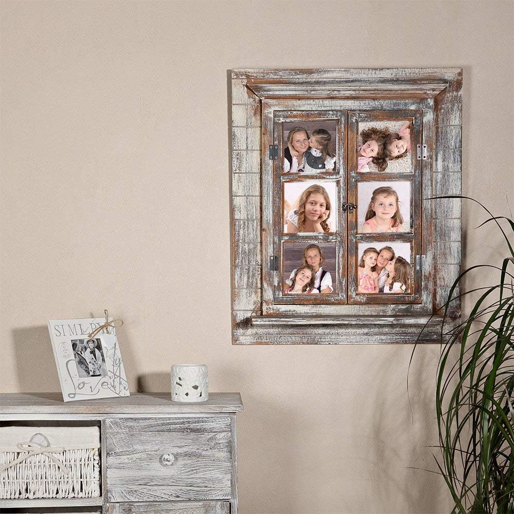 Melko Miroir mural, avec volets, 64 x 54 cm, fenêtre miroir shabby chic, avec étagère, portes de fenêtre, utilisable comme cadre photo, 13 x 13 cm