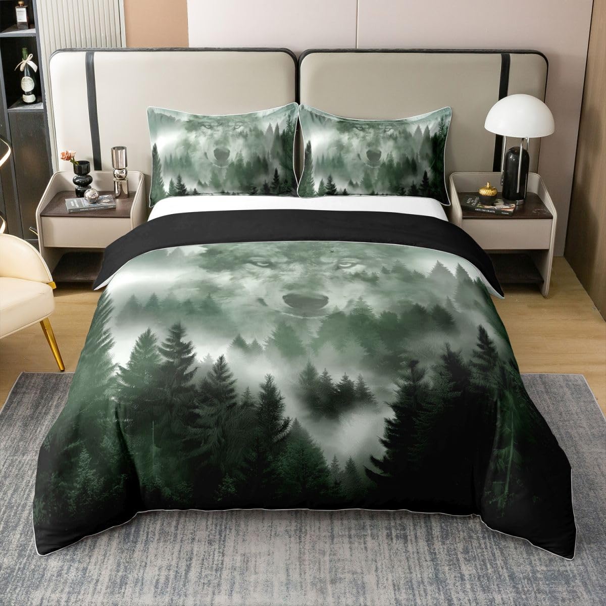 Homewish Wolf Smoky Mountain King pościel, dżungla, dzikie zwierzę, bawełniana poszewka na kołdrę, naturalny krajobraz, poszewka na kołdrę, rustykalne zestawy łóżek