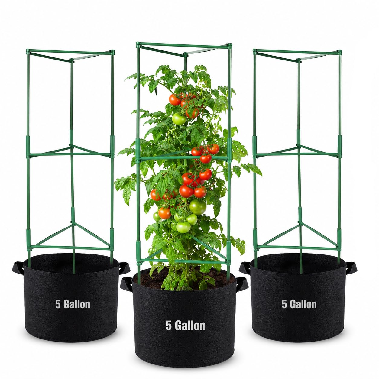 JQTOP 3 Pack Tomato Grow Bags with Adjustable Support Cages, 5 Gallon Felt Plant Pots with Trellis for Tomatoes Cucumbers Beans Peas, Patio Balcony Garden Planters (160cm)