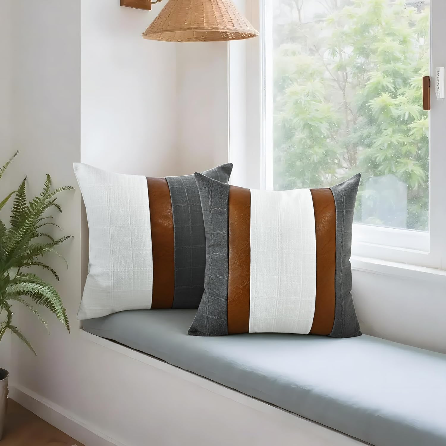 Faux Leather and Faux Linen Patchwork Pillow Covers 18x18 Inch, Gray and White Plaid Decorative Throw Pillow Covers, Modern Farmhouse Square Accent Covers for Couch Sofa Bed Home, Set of 2 - Image 8