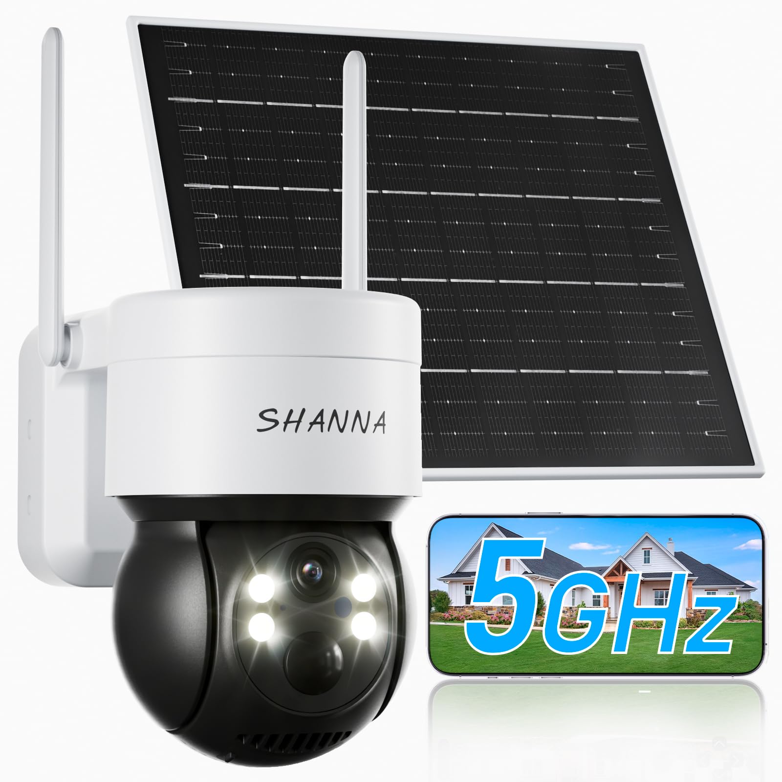 [5GHz & 2,4GHz] Telecamera Pannello Solare, 2K 4MP Telecamera Wi-Fi Esterno con Pannello Solare da 6W,7800mAh Batteria,Faro,Rilevamento del movimento AI, Visione notturna a colori, Audio bidirezionale