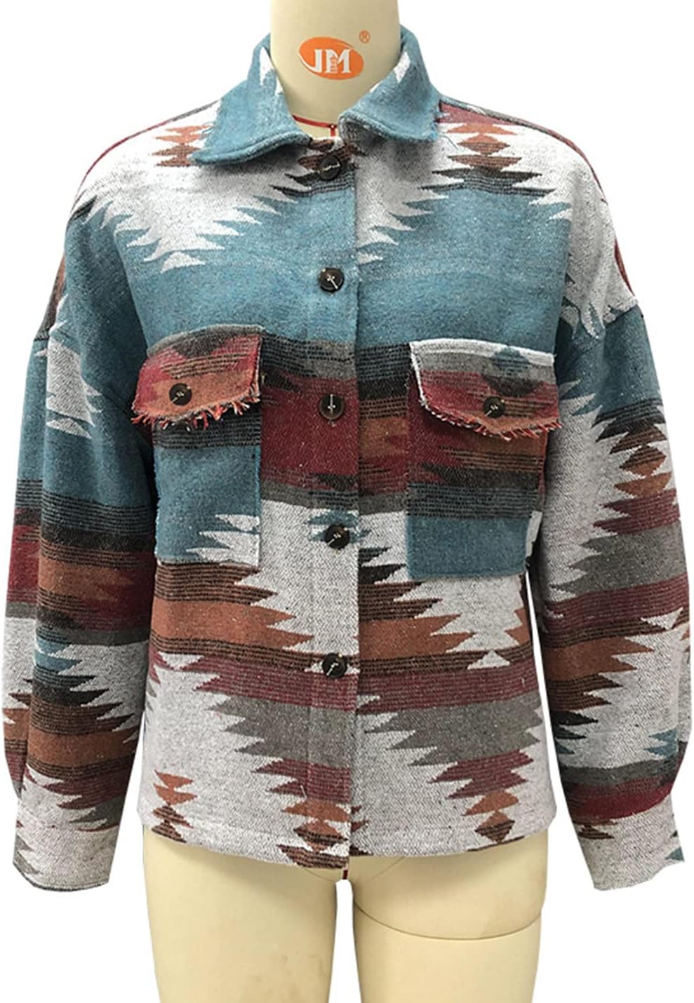 happlan Aztec Denim Jacket For Women Lapel Button Down Print Shirt Coat Shacket size large