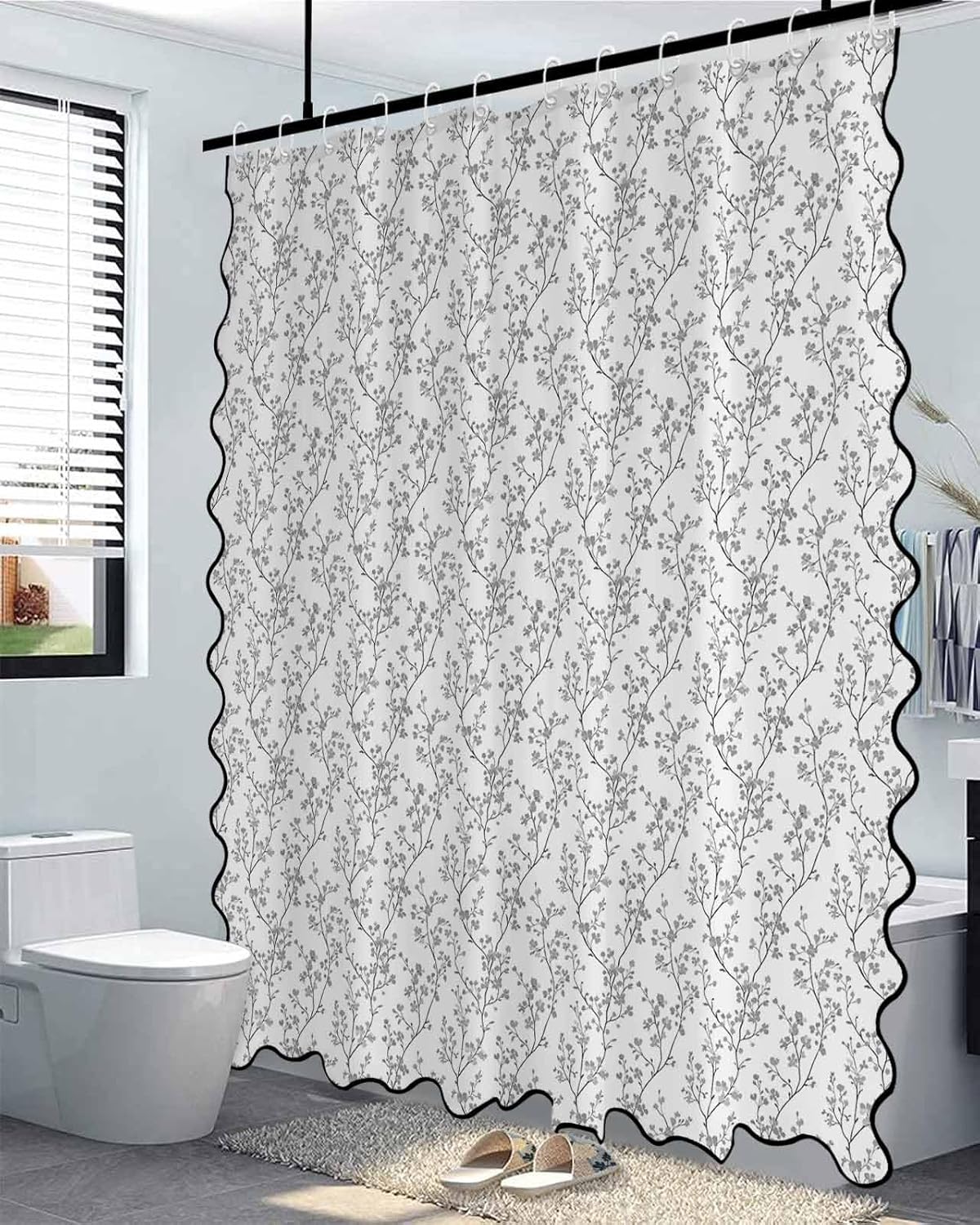 Grey Flower Leaf Shower Curtain with Black Scalloped Border Cute, Botanical Plant Floral Tree Branch Bathtub Curtain Waterproof Fabric Boho Hotel Style Bathroom Decor with Hooks Washable, 72"W x 72"H