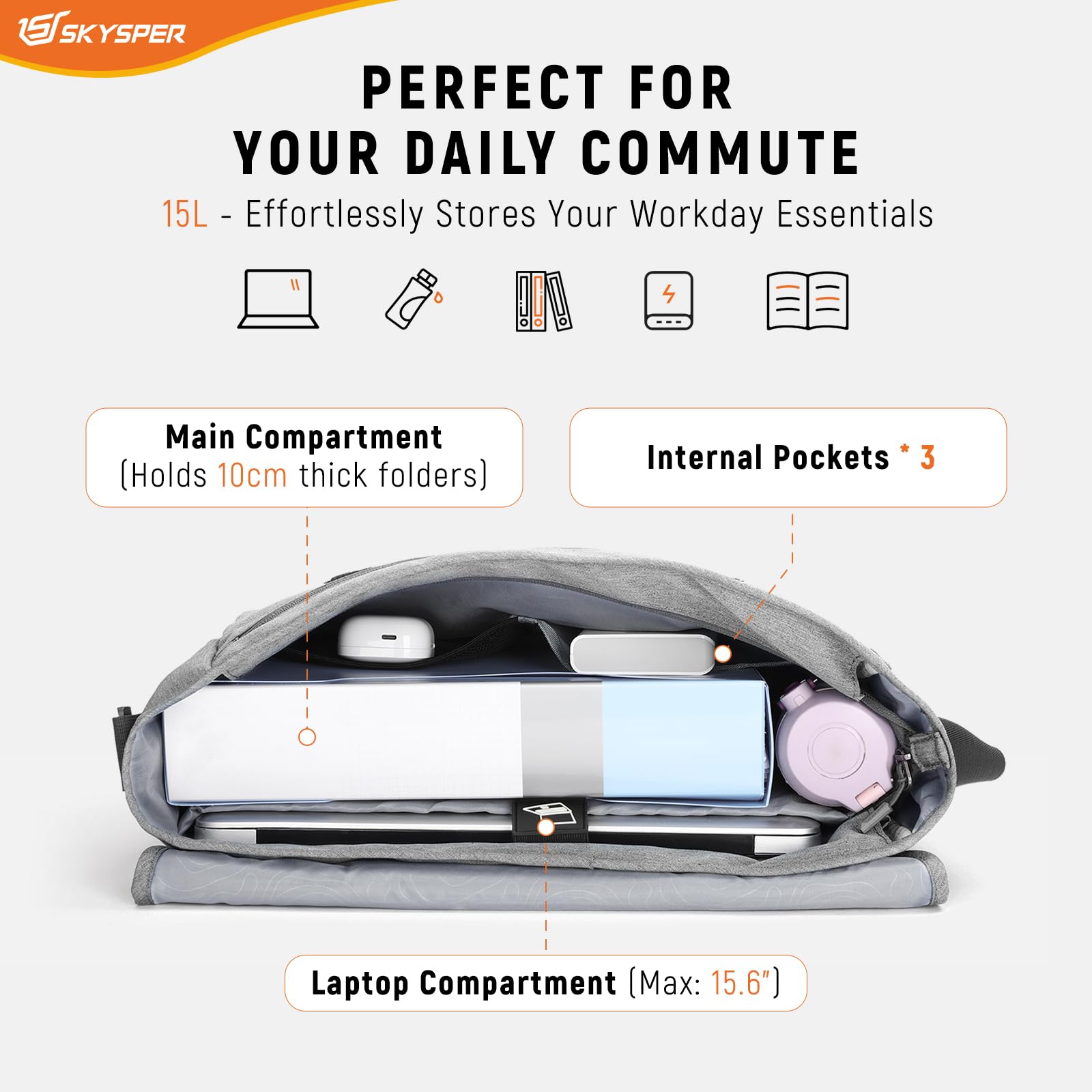 SKYSPER URBANX15 Sac à Bandoulière Sacoches Ordinateur Portable 15.6 Pouces Grande Messenger Anti-Vol Hommes Femmes