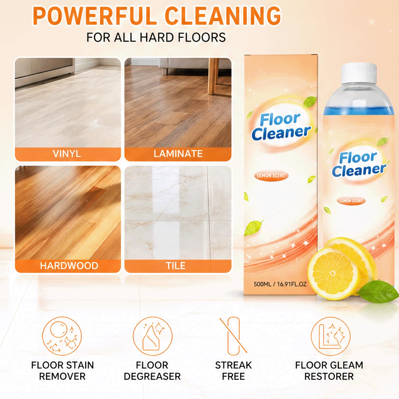 Limpiador de suelos con aroma a limón, limpiador de suelos de alto rendimiento, limpiador multiexterior, solución de limpieza desodorizante, brillo y brillo para baldosas de madera dura laminadas de
