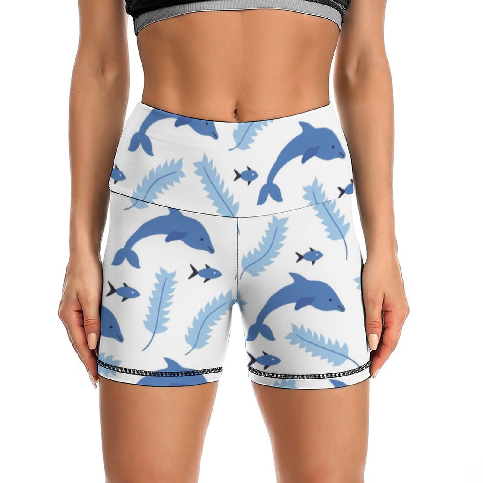 Cute Animal of Dolphin Pattern High Waist Yoga Shorts for Women Athletic Shorts Leggings Running Pants Black