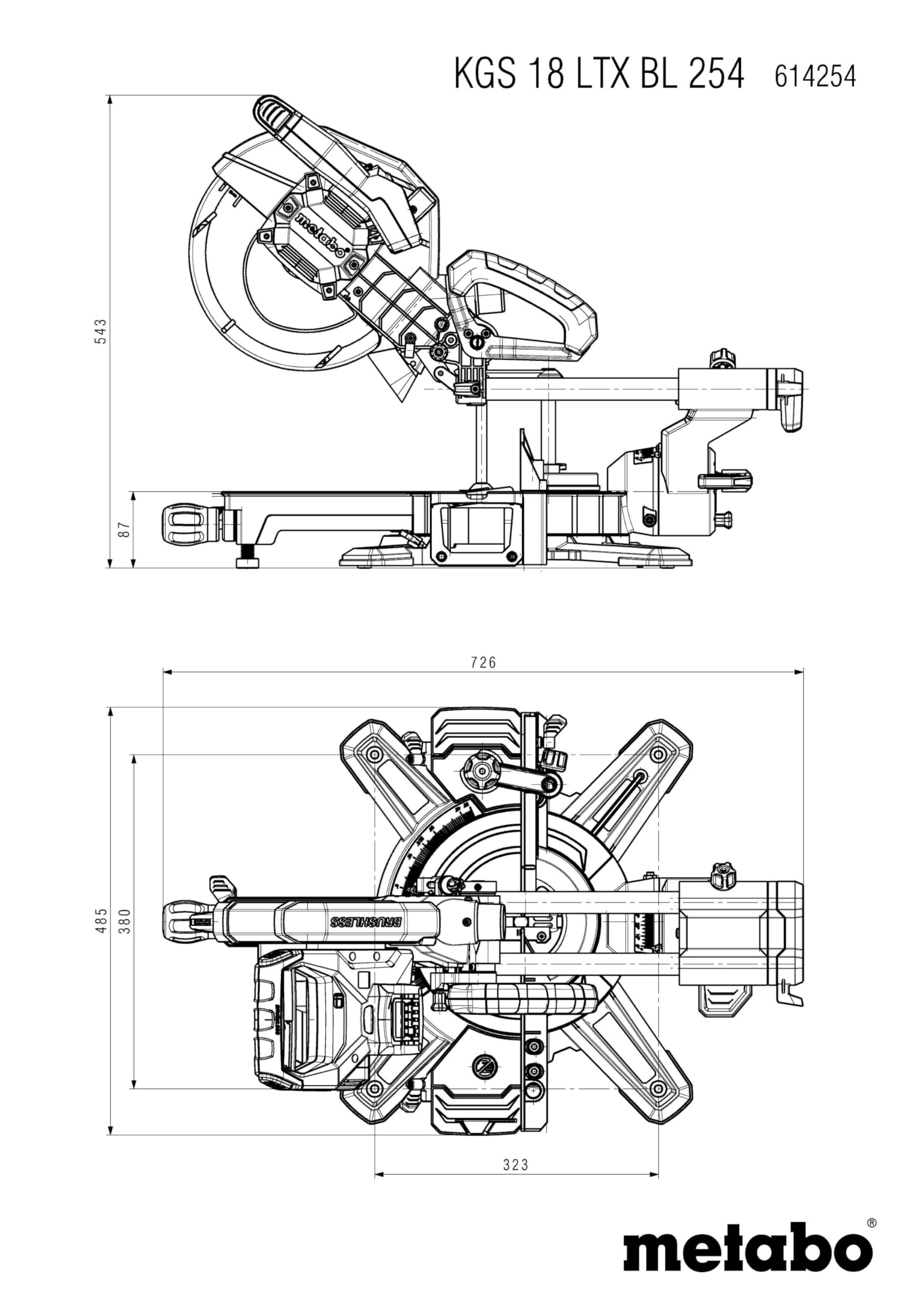 metabo Akku-Kappsäge KGS 18 LTX BL 254-18 V, 254 mm Sägeblatt, 4000/min Leerlaufdrehzahl - Brushless Motor, Präzisions-Schnittlinie, große Schnittkapazität, robuste Bauweise - Für Holz und Metall
