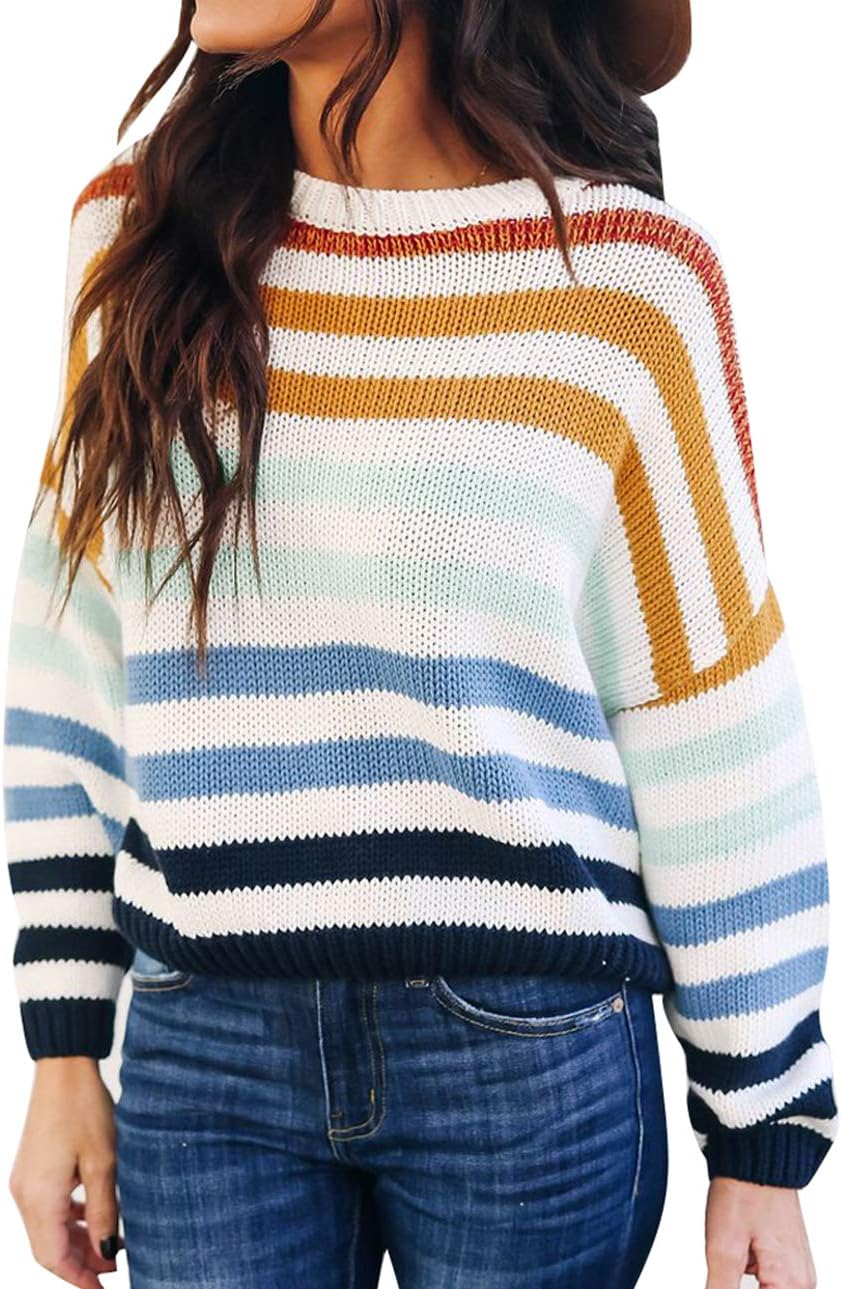 ZESICA Women's 2024 Fall Long Sleeve Crew Neck Striped Color Block Casual Loose Knitted Pullover Sweater Tops