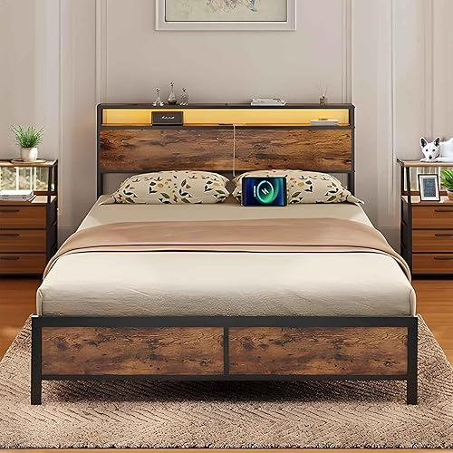 Miniatura 1 de Mdhitsox Base de cama Queen con luces LED, 2 puertos USB, cabecera rústica de almacenamiento de 2 niveles, marco de cama de plataforma industrial,